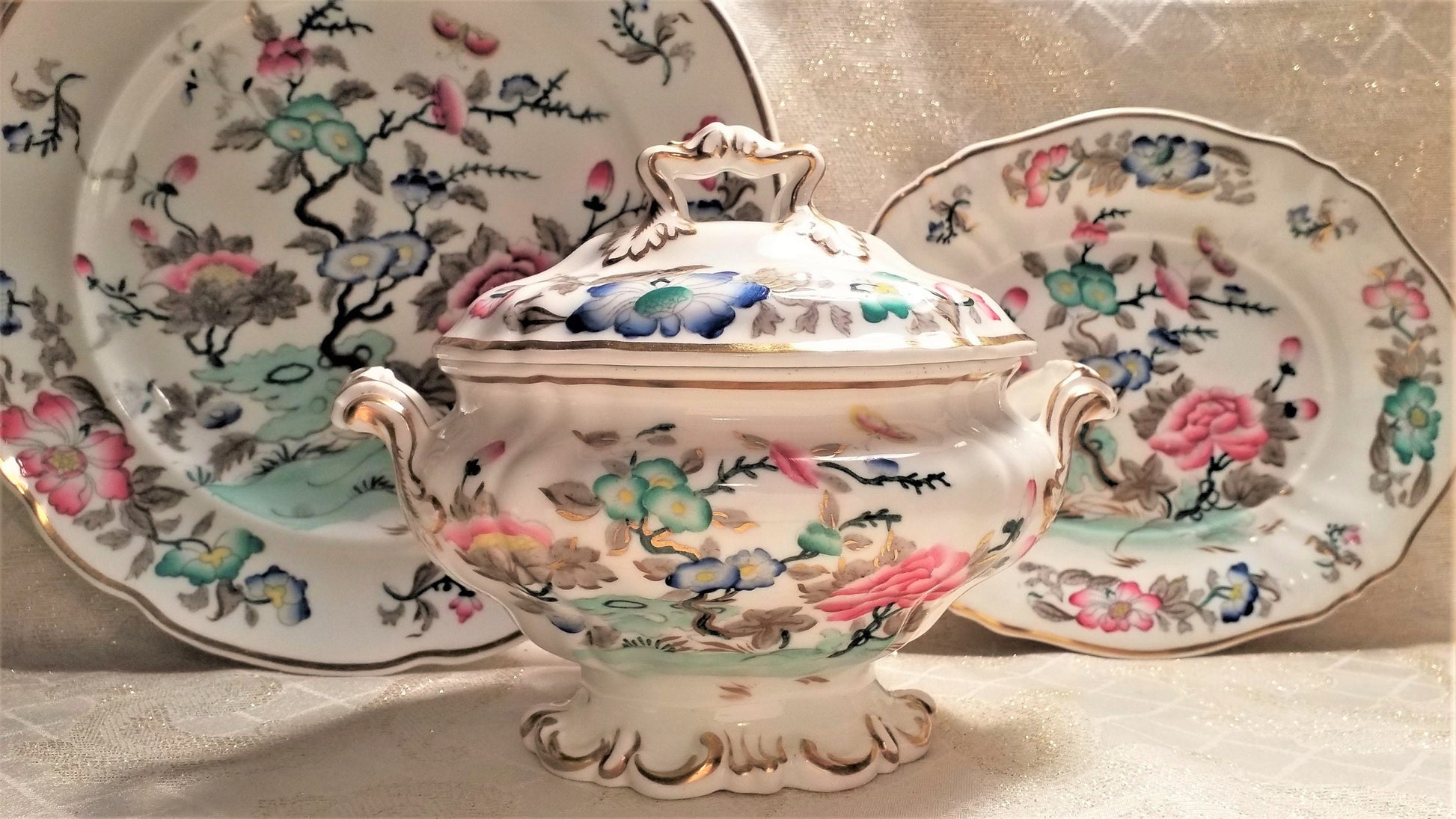 Vintage Tree Of Life Porcelain Serving Set: Tureen, Lid & Saucer