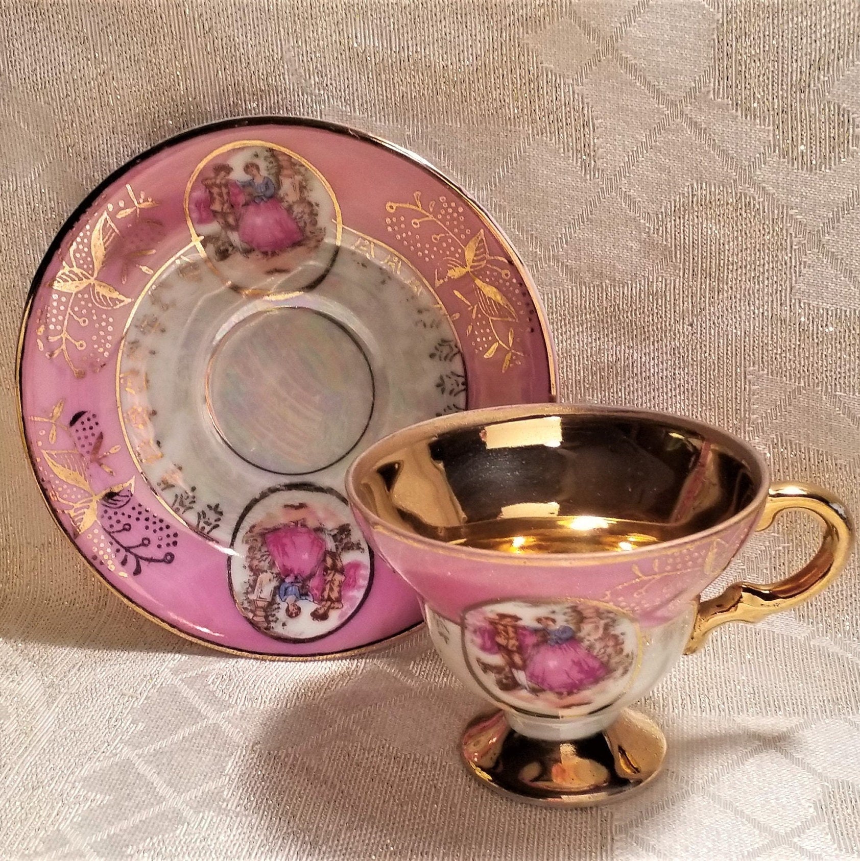 Royal Crown Demitasse Cup & Saucer, Pink Lusterware, Gold Trim, Courting Pattern