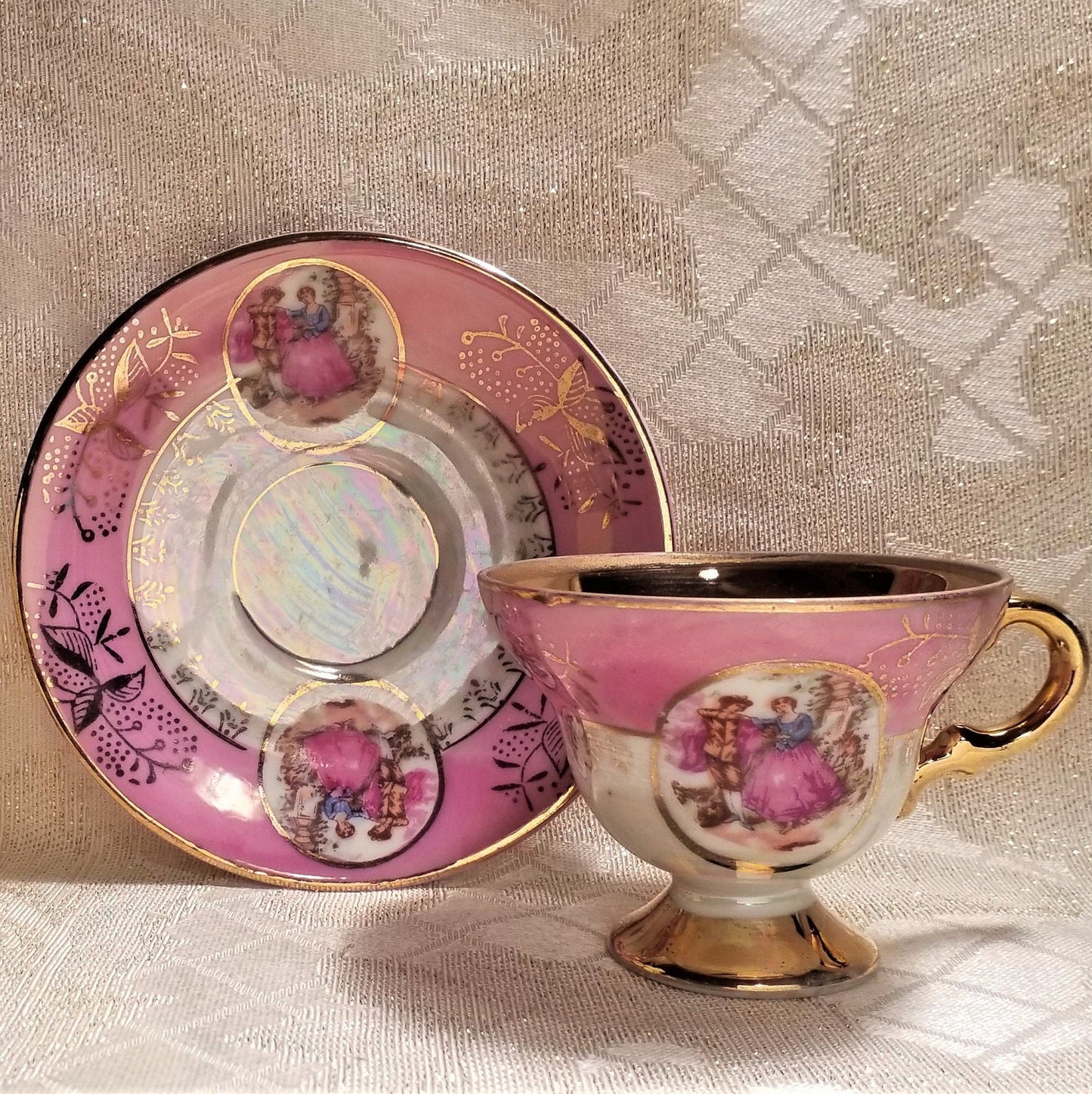 Royal Crown Demitasse Cup & Saucer, Pink Lusterware, Gold Trim, Courting Pattern
