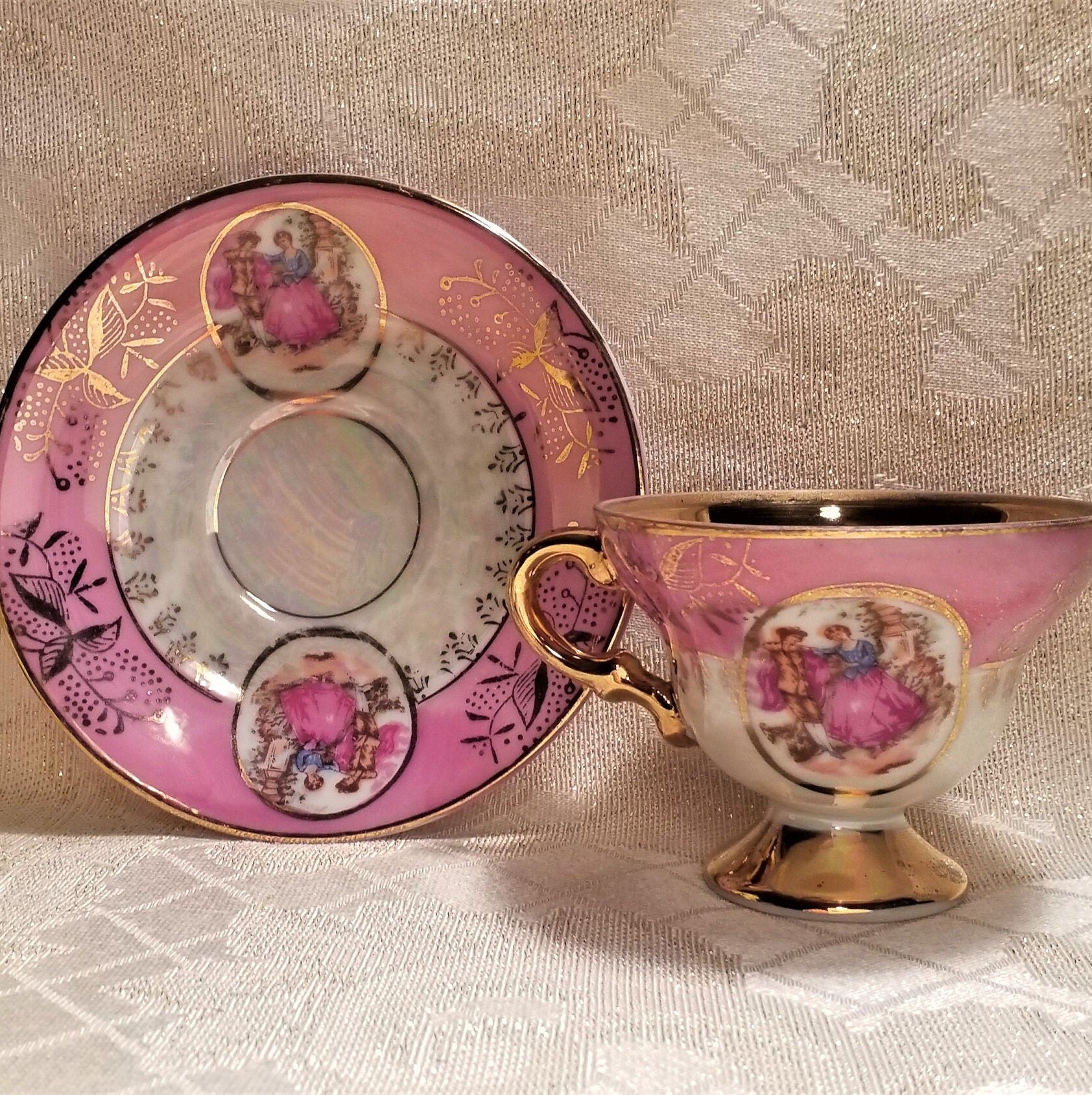 Royal Crown Demitasse Cup & Saucer, Pink Lusterware, Gold Trim, Courting Pattern