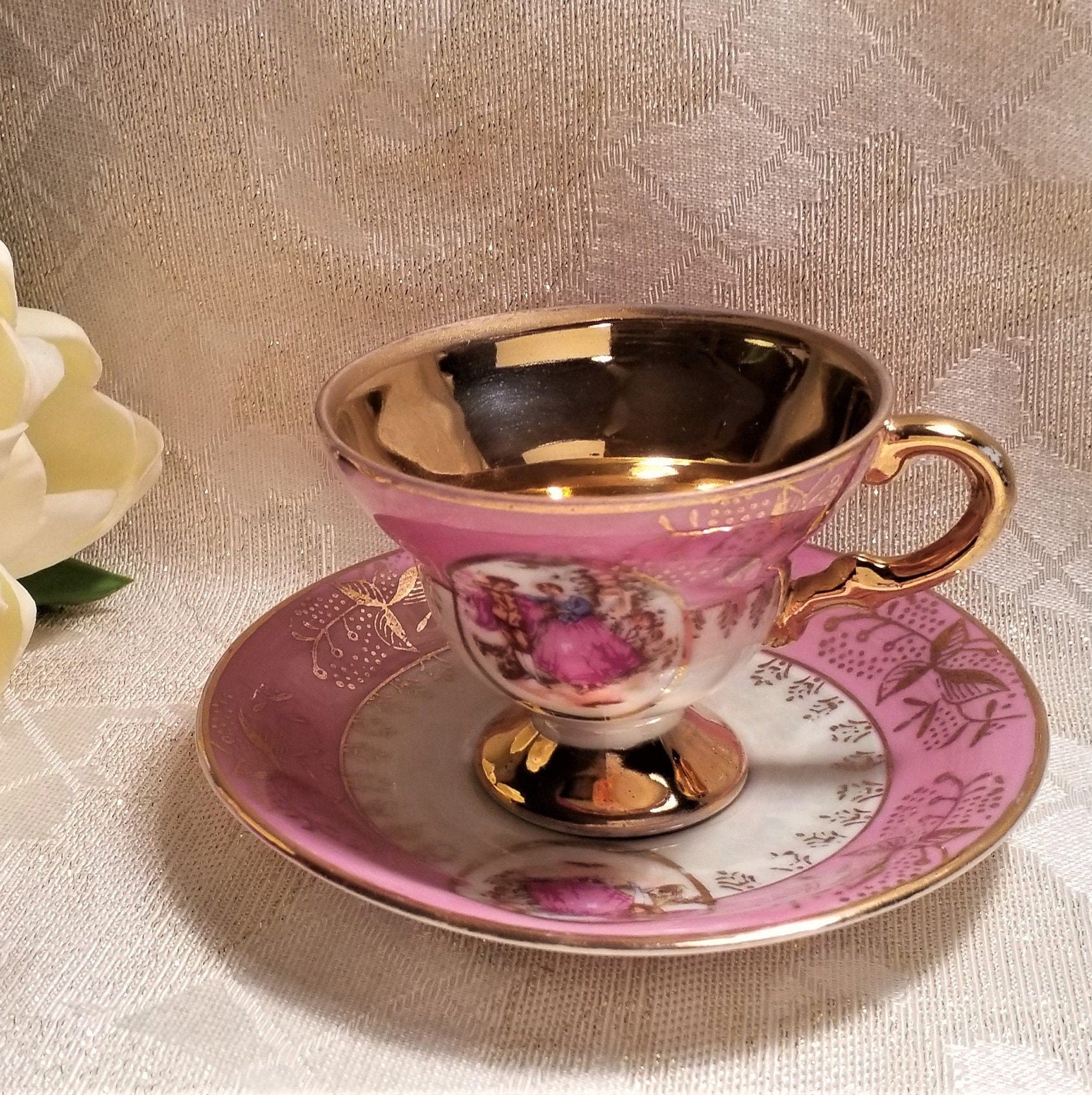 Royal Crown Demitasse Cup & Saucer, Pink Lusterware, Gold Trim, Courting Pattern