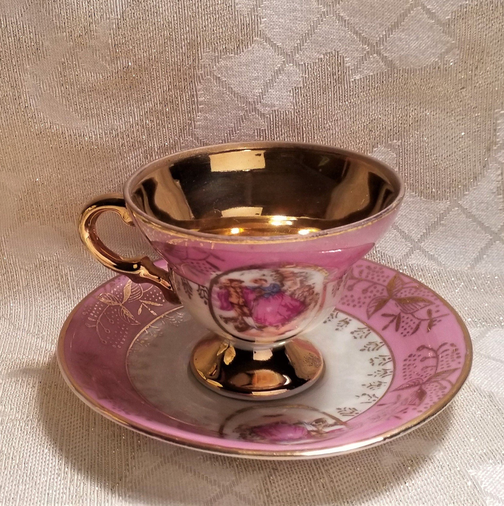 Royal Crown Demitasse Cup & Saucer, Pink Lusterware, Gold Trim, Courting Pattern