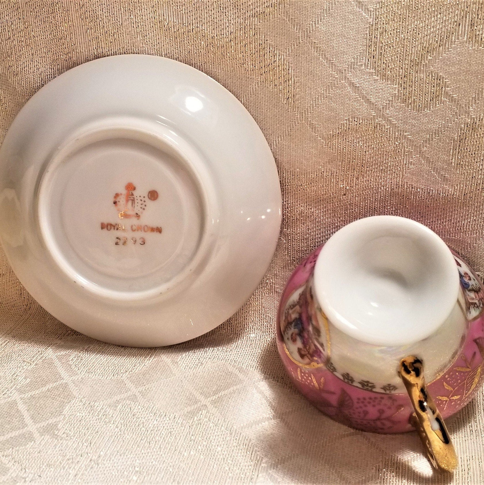 Royal Crown Demitasse Cup & Saucer, Pink Lusterware, Gold Trim, Courting Pattern