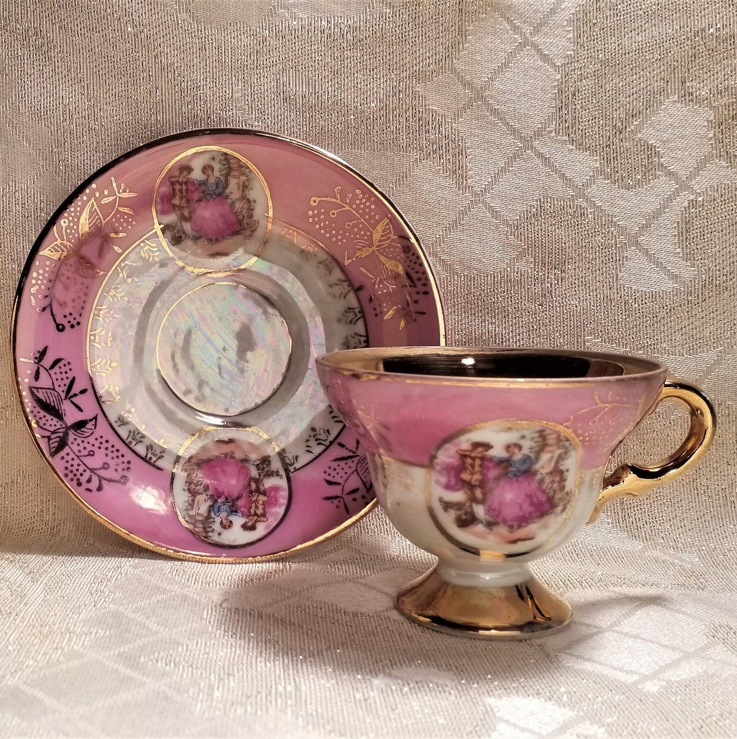 Royal Crown Demitasse Cup & Saucer, Pink Lusterware, Gold Trim, Courting Pattern