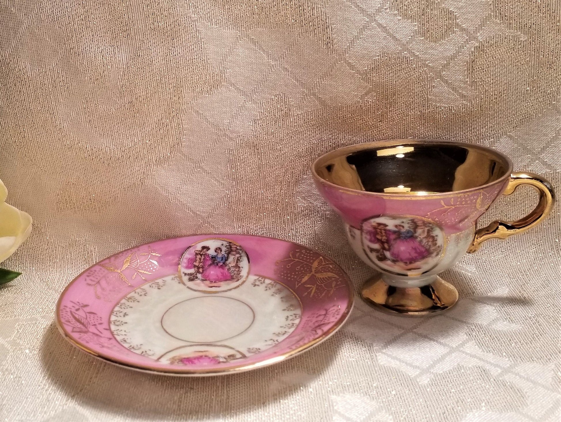 Royal Crown Demitasse Cup & Saucer, Pink Lusterware, Gold Trim, Courting Pattern
