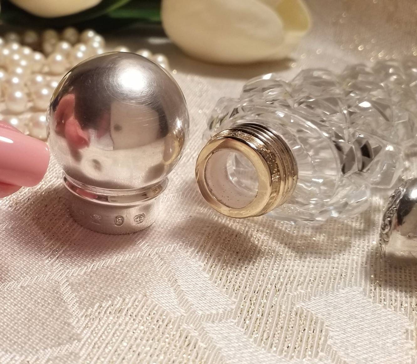 Scent Or Smelling Salt Bottles Elegant Antique Sterling Silver Tops Gorgeous Cut Crystal 2 Collectible Bottles Always FREE Domestic SHIPPING