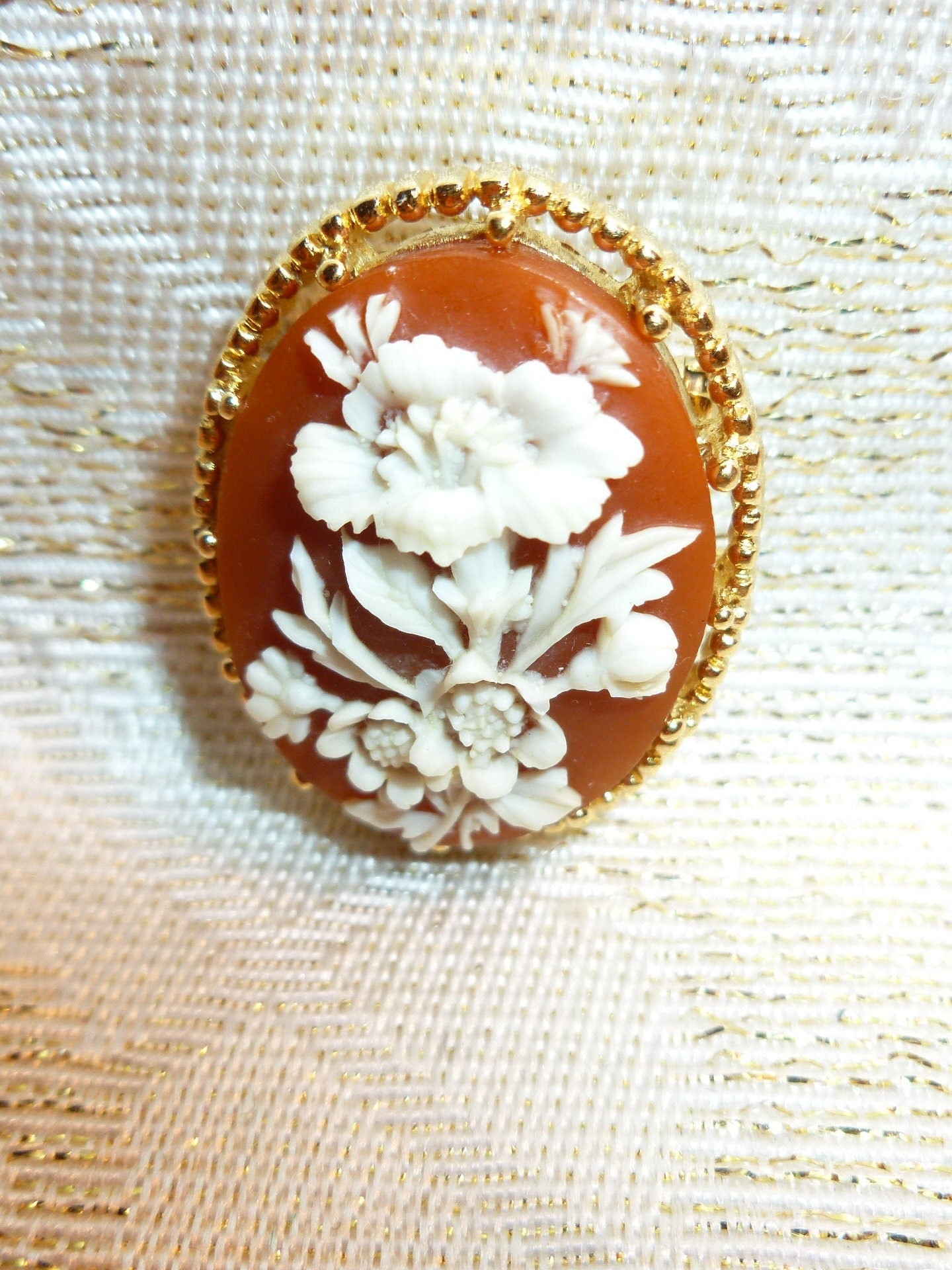 Vintage Trifari Cameo Brooch: Floral Bouquet, Caramel Color