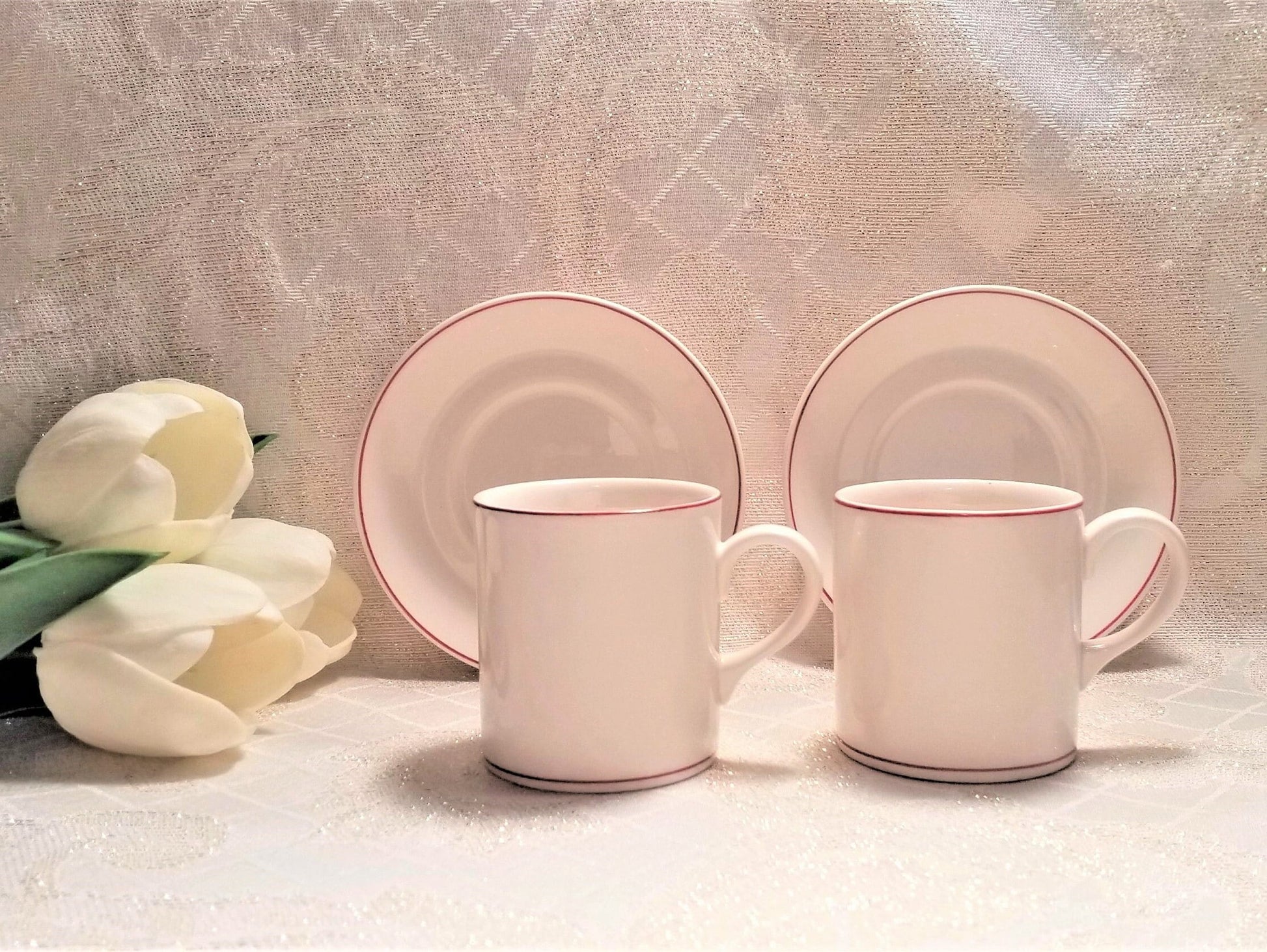 Wedgwood Espresso Cup & Saucer Set, Cream China with Red Border
