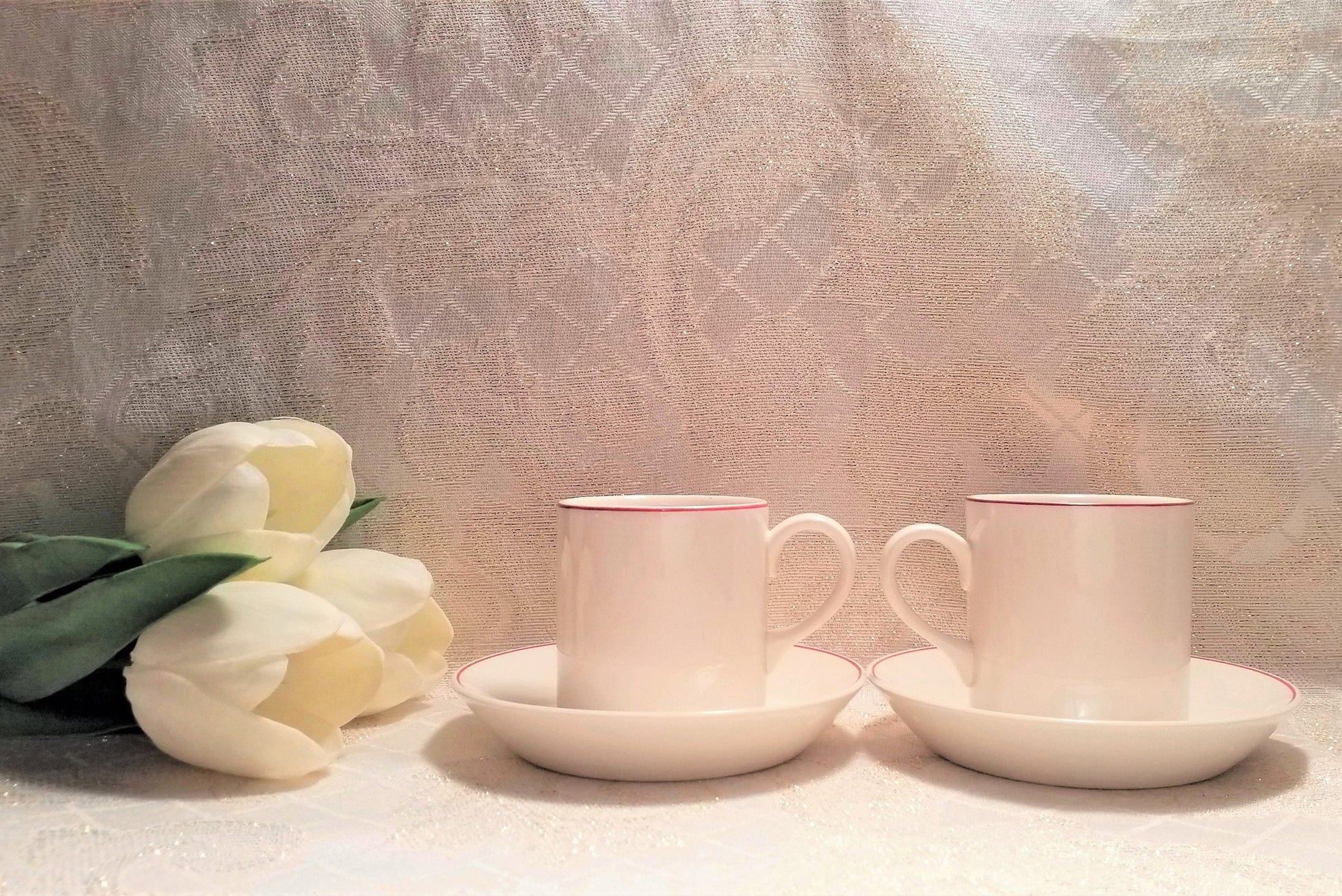 Wedgwood Espresso Cup & Saucer Set, Cream China with Red Border