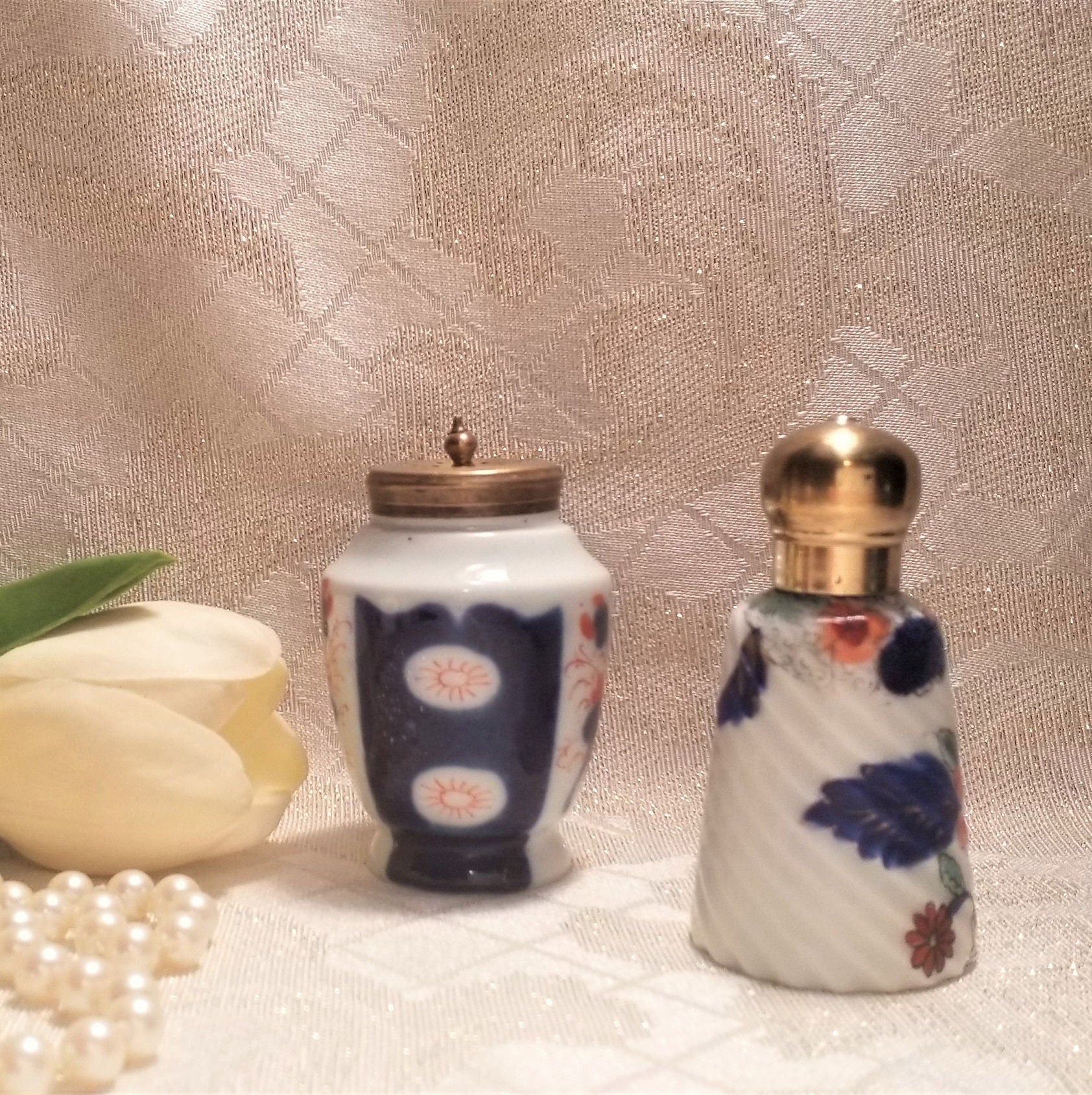 Vintage Gaudy Welsh Porcelain Bottles, Floral Brass Lids Always FREE Domestic SHIPPING