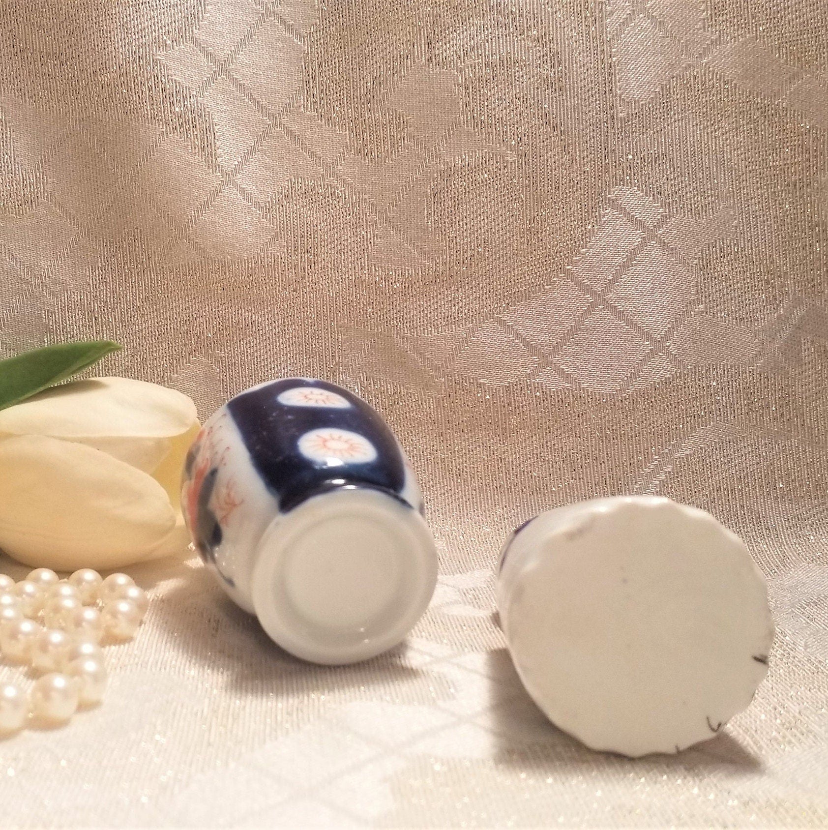 Vintage Gaudy Welsh Porcelain Bottles, Floral Brass Lids Always FREE Domestic SHIPPING