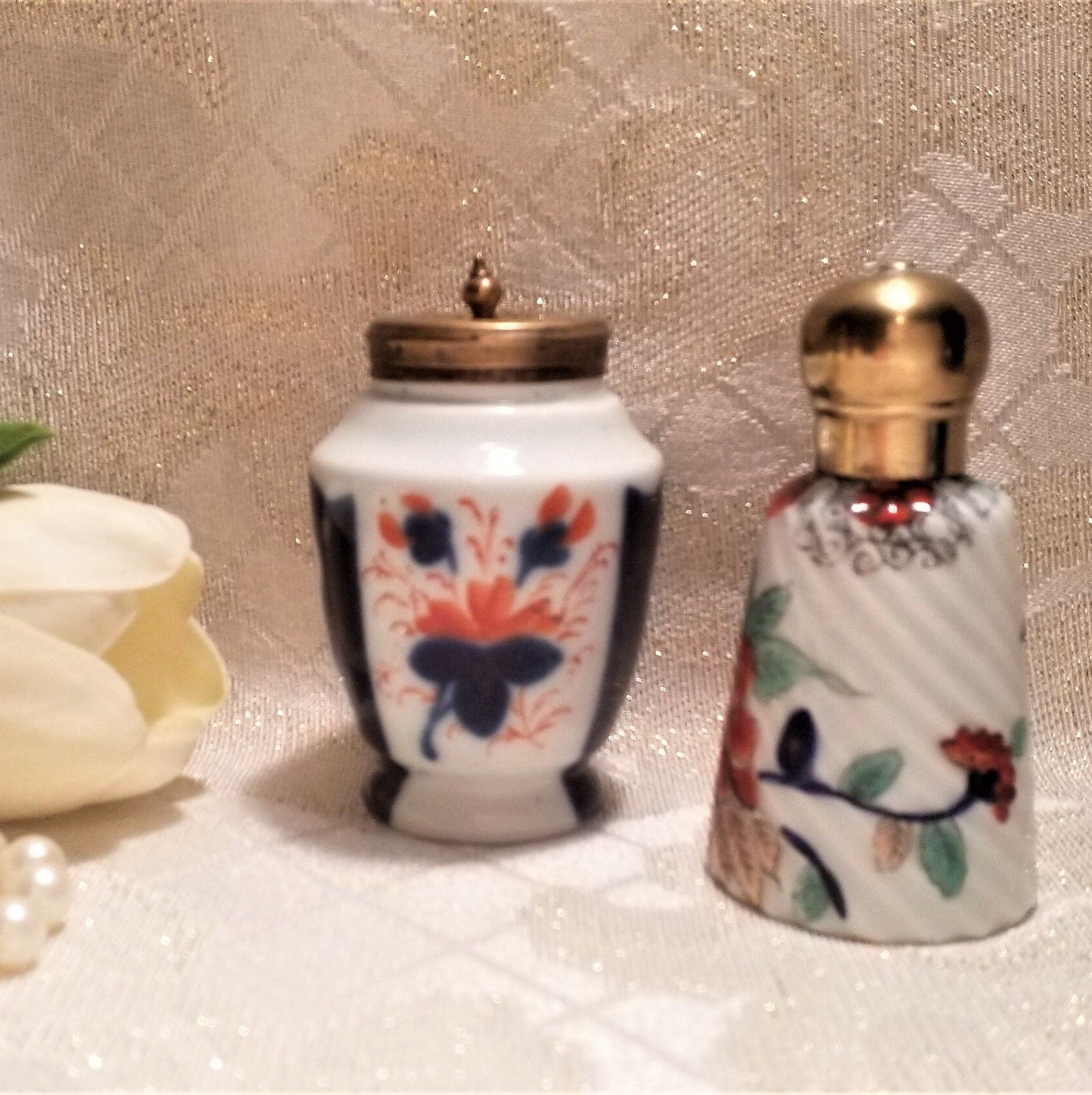 Vintage Gaudy Welsh Porcelain Bottles, Floral Brass Lids Always FREE Domestic SHIPPING