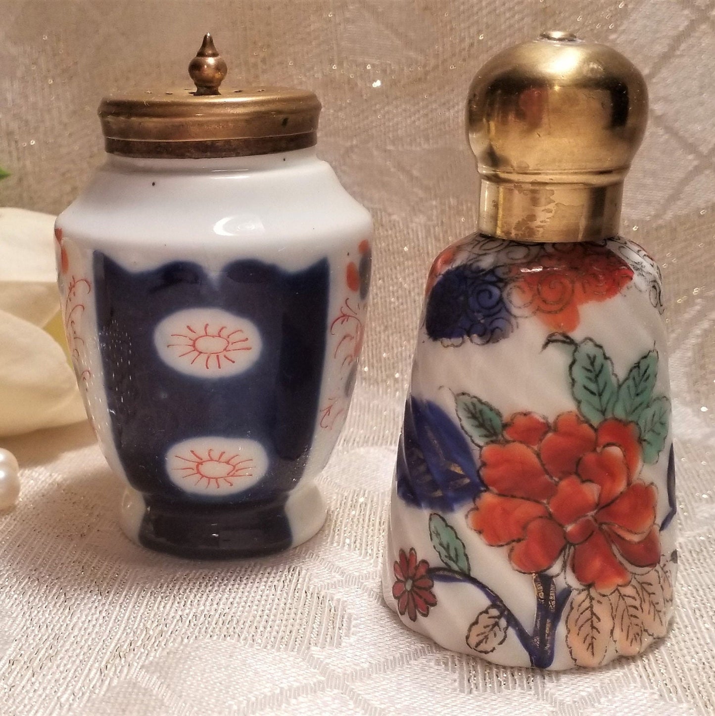 Vintage Gaudy Welsh Porcelain Bottles, Floral Brass Lids Always FREE Domestic SHIPPING