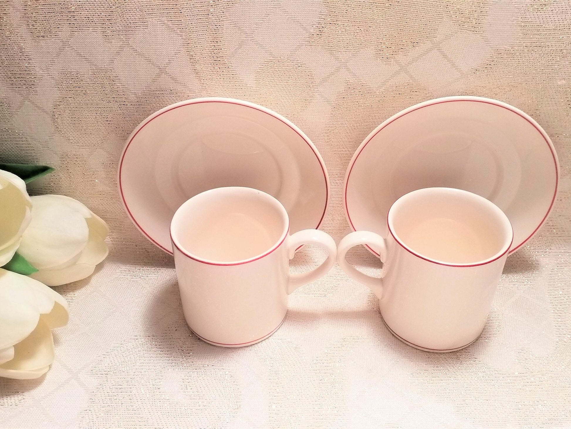 Wedgwood Espresso Cup & Saucer Set, Cream China with Red Border