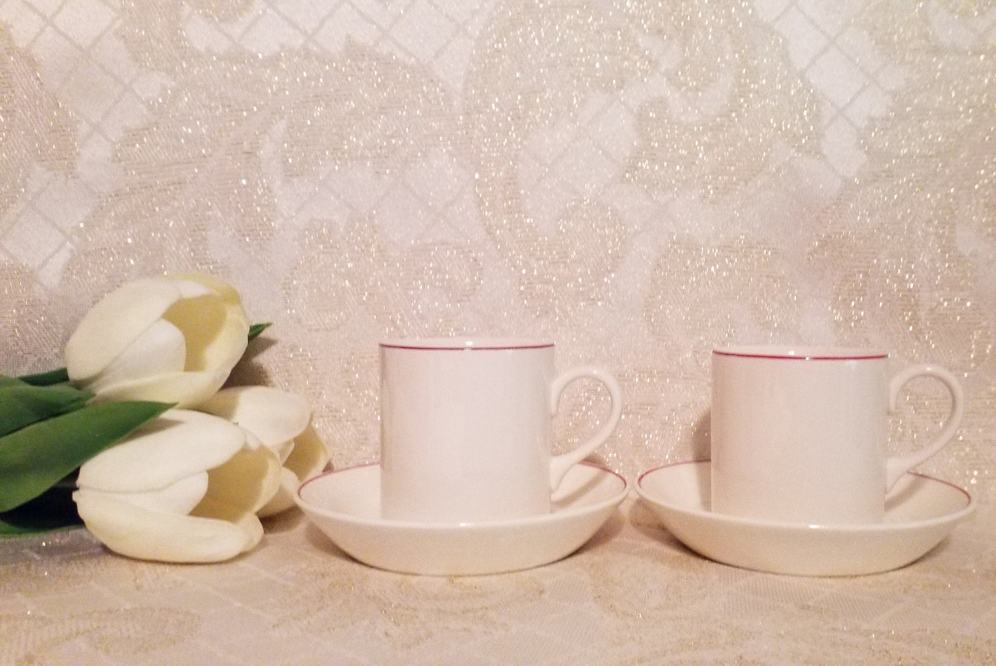 Wedgwood Espresso Cup & Saucer Set, Cream China with Red Border
