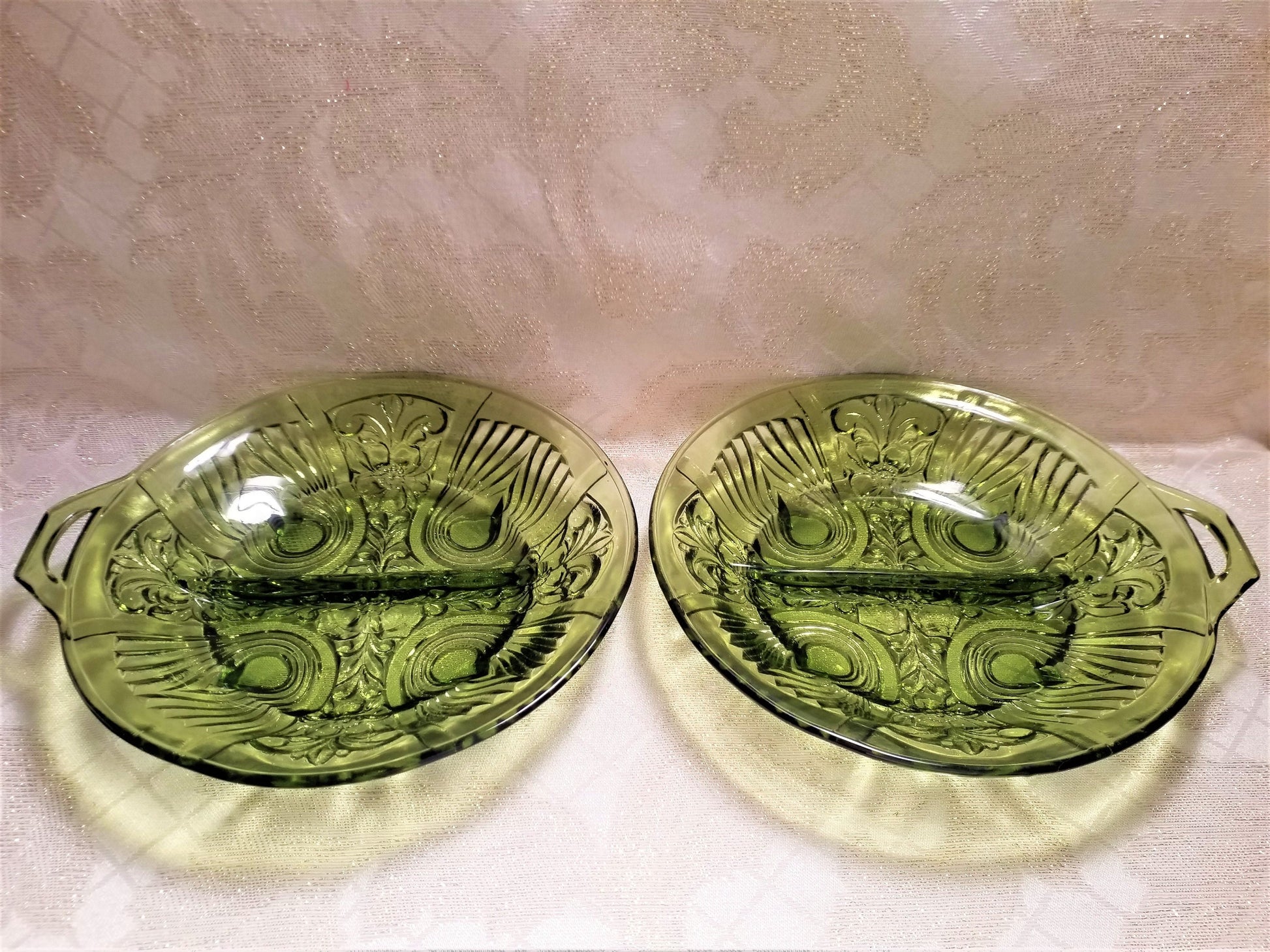 Avocado Green Glass Relish Dishes Set, Detailed Design Serving Dishes