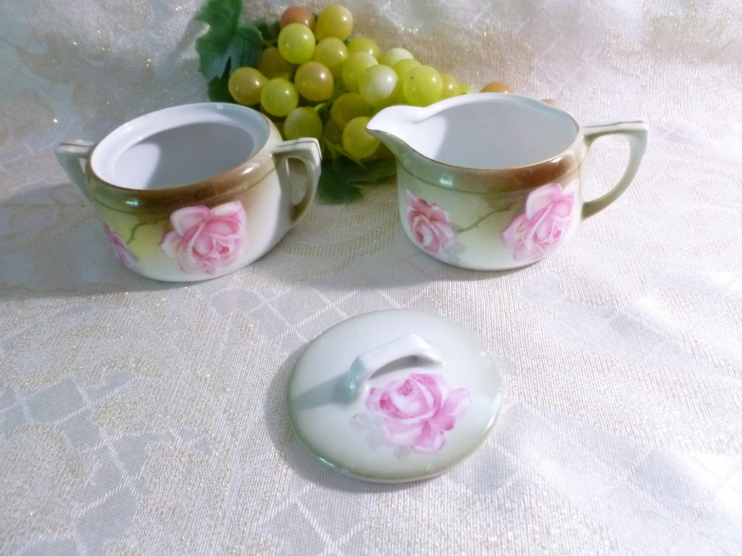 Prussia R&S Porcelain Creamer and Sugar Bowl Set, Hand Painted Pink Roses