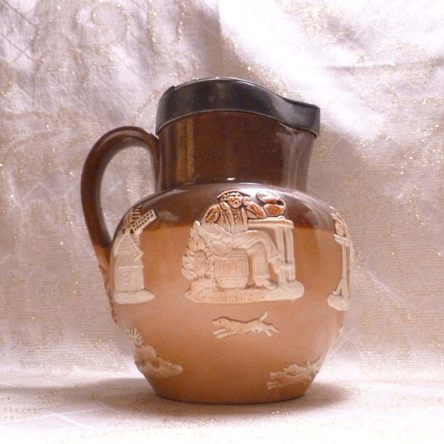 Antique Royal Doulton Pitcher, Lambeth Two Toned Relief, Pewter Lid