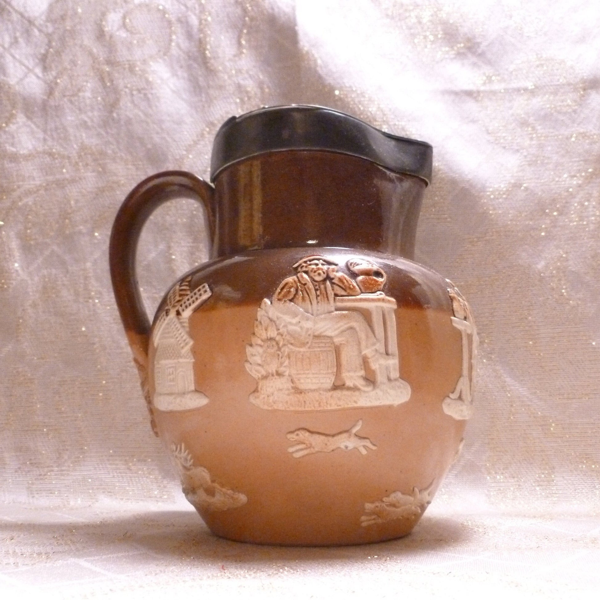 Antique Royal Doulton Pitcher, Lambeth Two Toned Relief, Pewter Lid