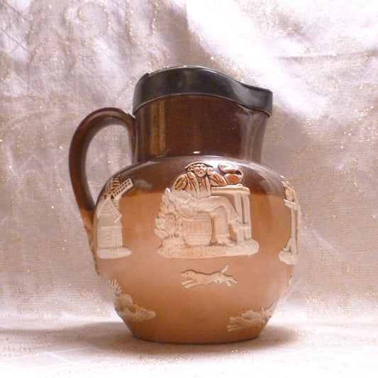 Antique Royal Doulton Pitcher, Lambeth Two Toned Relief, Pewter Lid
