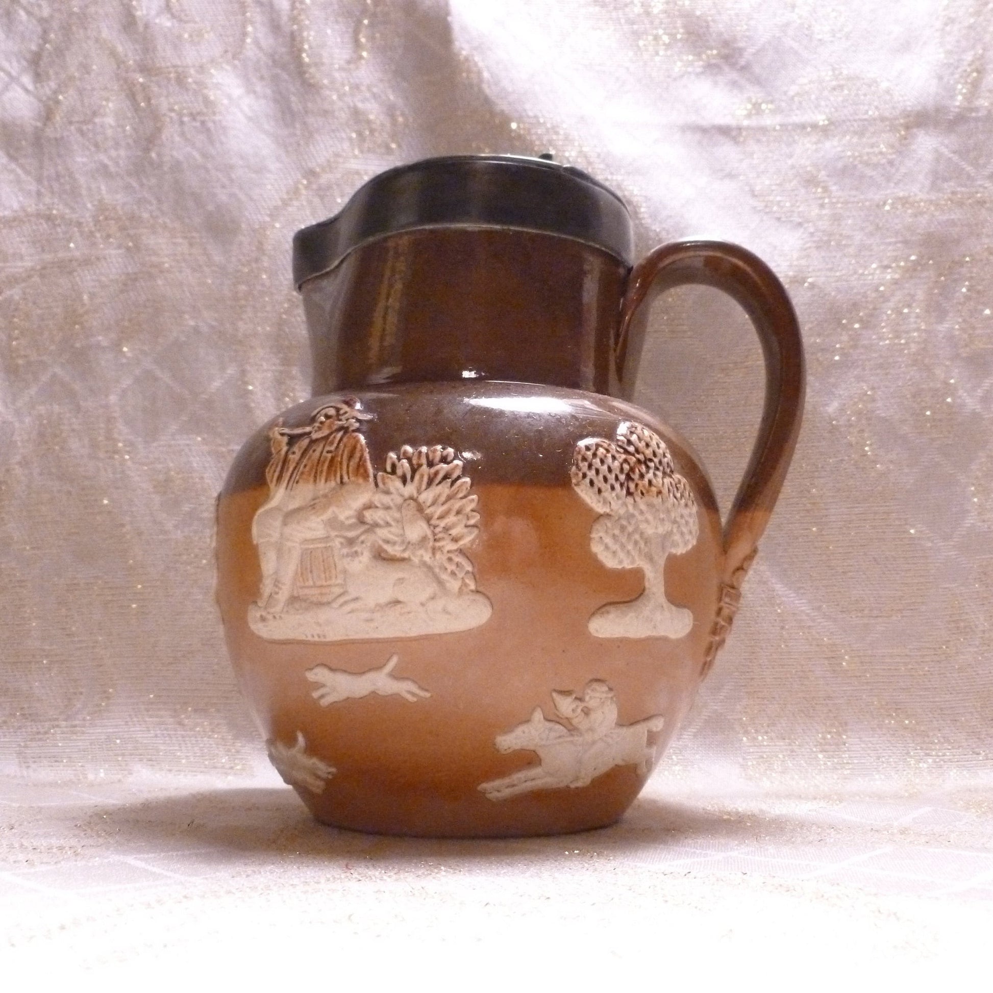 Antique Royal Doulton Pitcher, Lambeth Two Toned Relief, Pewter Lid