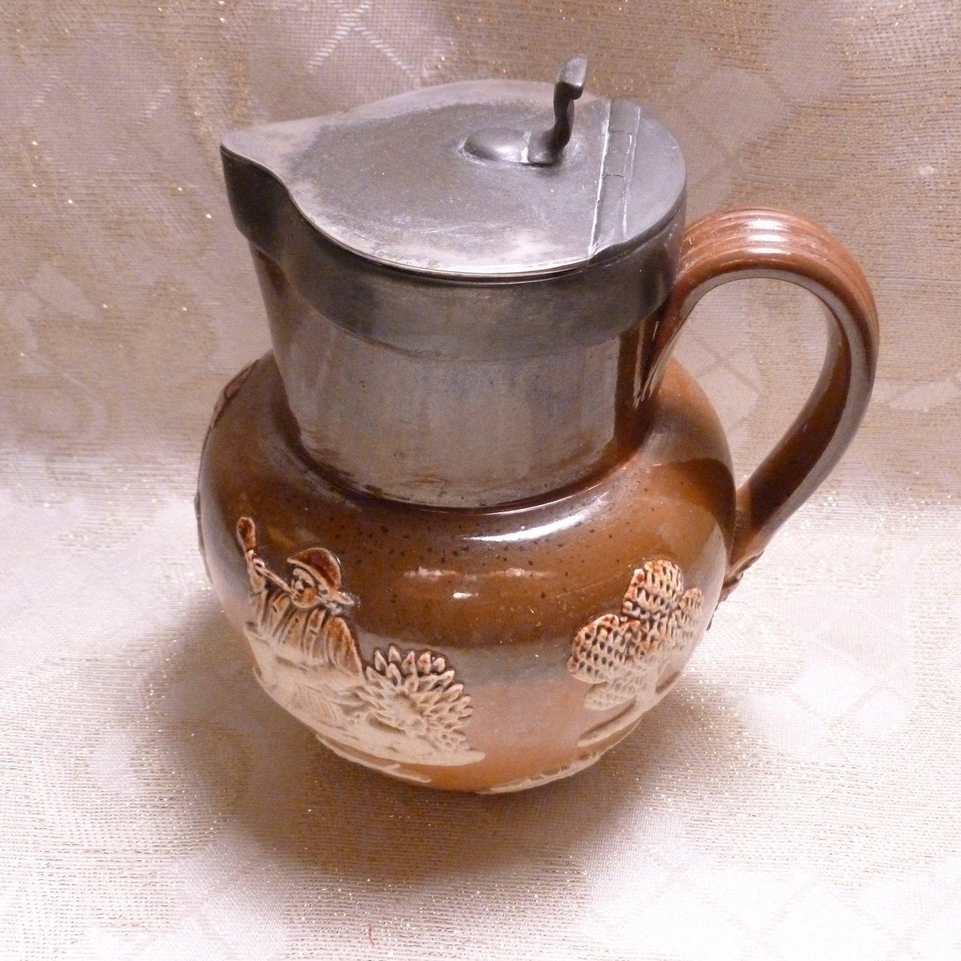 Antique Royal Doulton Pitcher, Lambeth Two Toned Relief, Pewter Lid