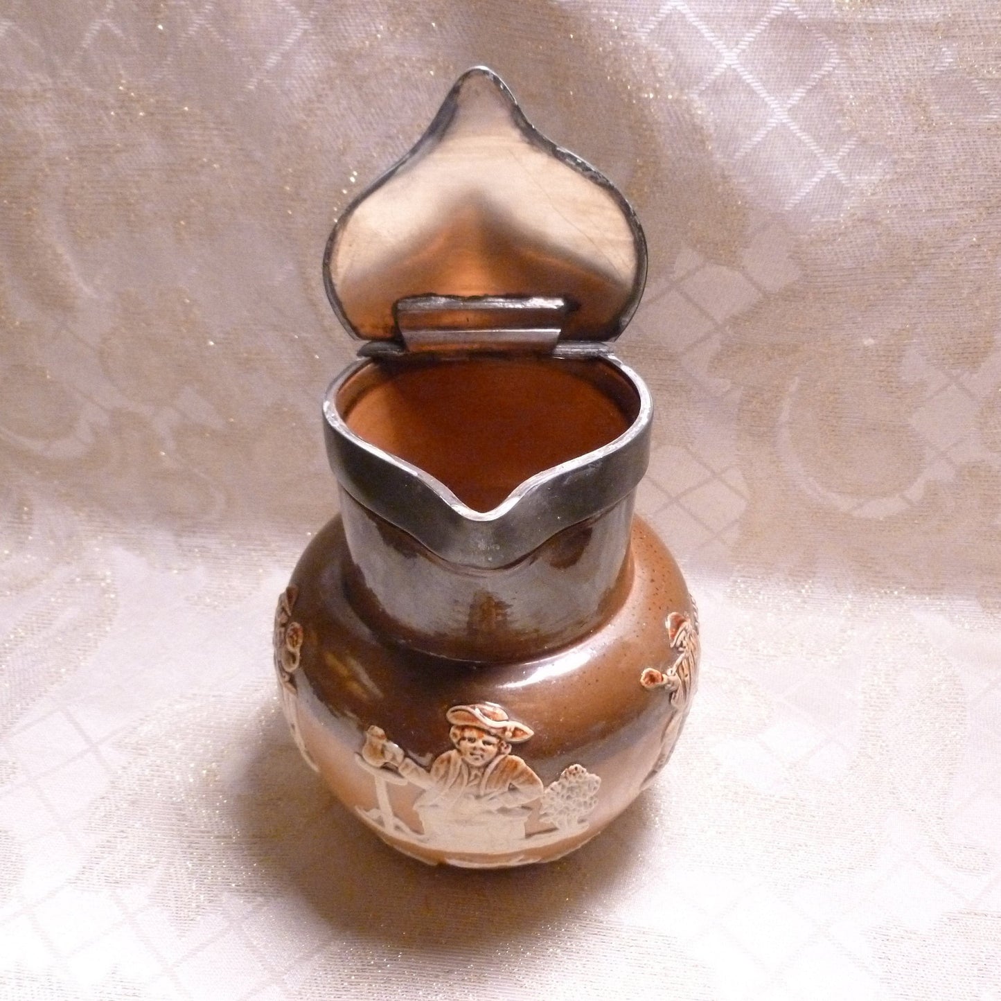 Antique Royal Doulton Pitcher, Lambeth Two Toned Relief, Pewter Lid