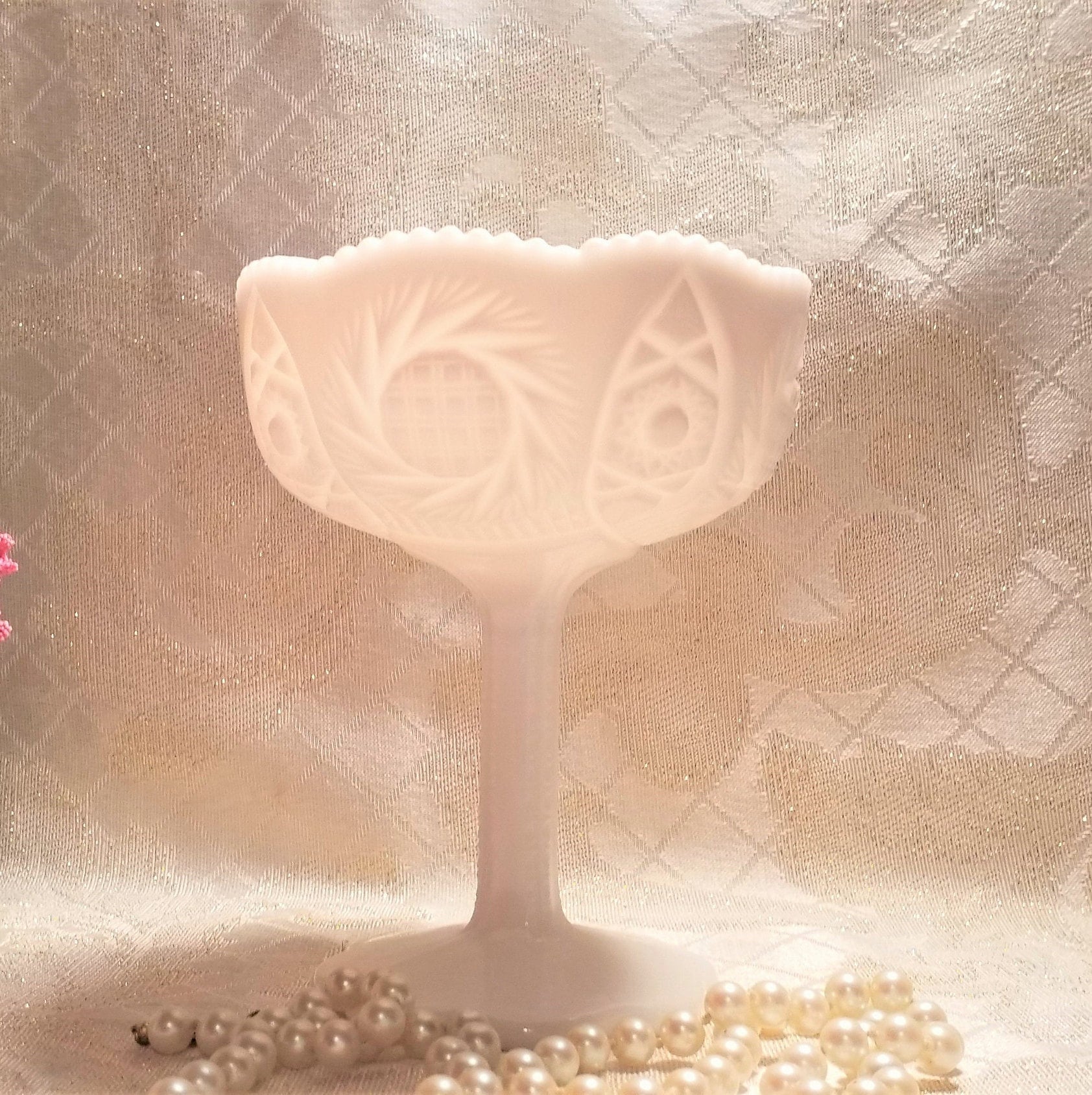 Vintage Milk Glass Compote: Cut Designs, Sawtooth Edge Always FREE Domestic SHIPPING