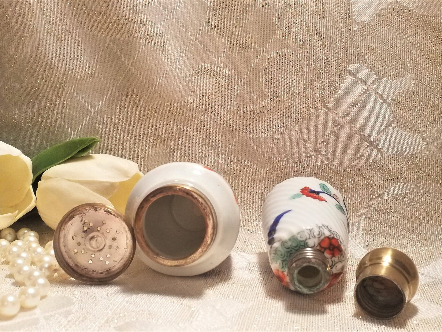 Vintage Gaudy Welsh Porcelain Bottles, Floral Brass Lids Always FREE Domestic SHIPPING