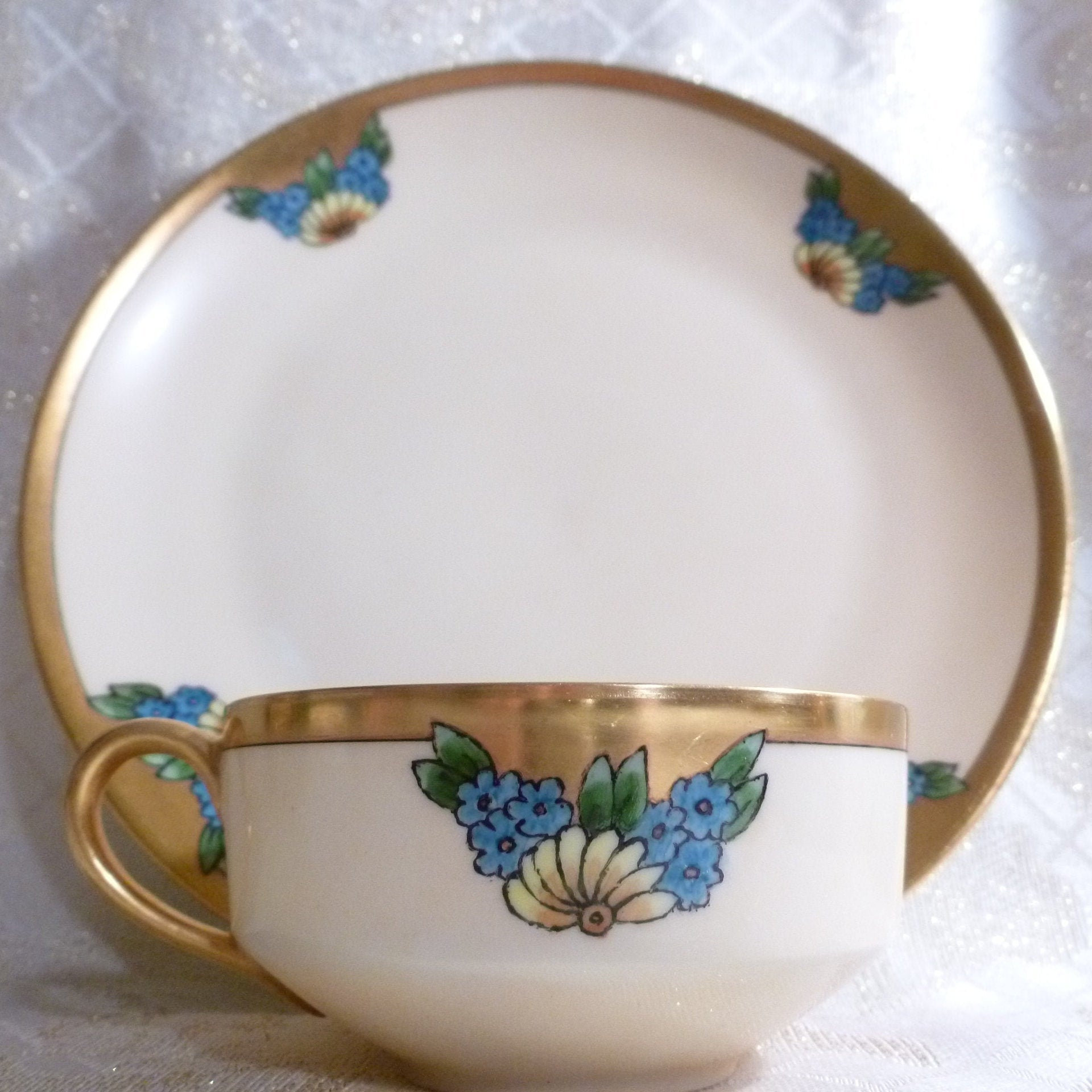 Vintage Thomas Bone China Cup and Saucer Set, Floral Gold Trim, 1929 Bavaria