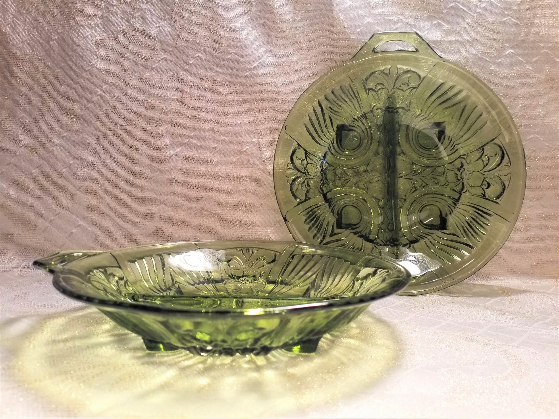 Avocado Green Glass Relish Dishes Set, Detailed Design Serving Dishes