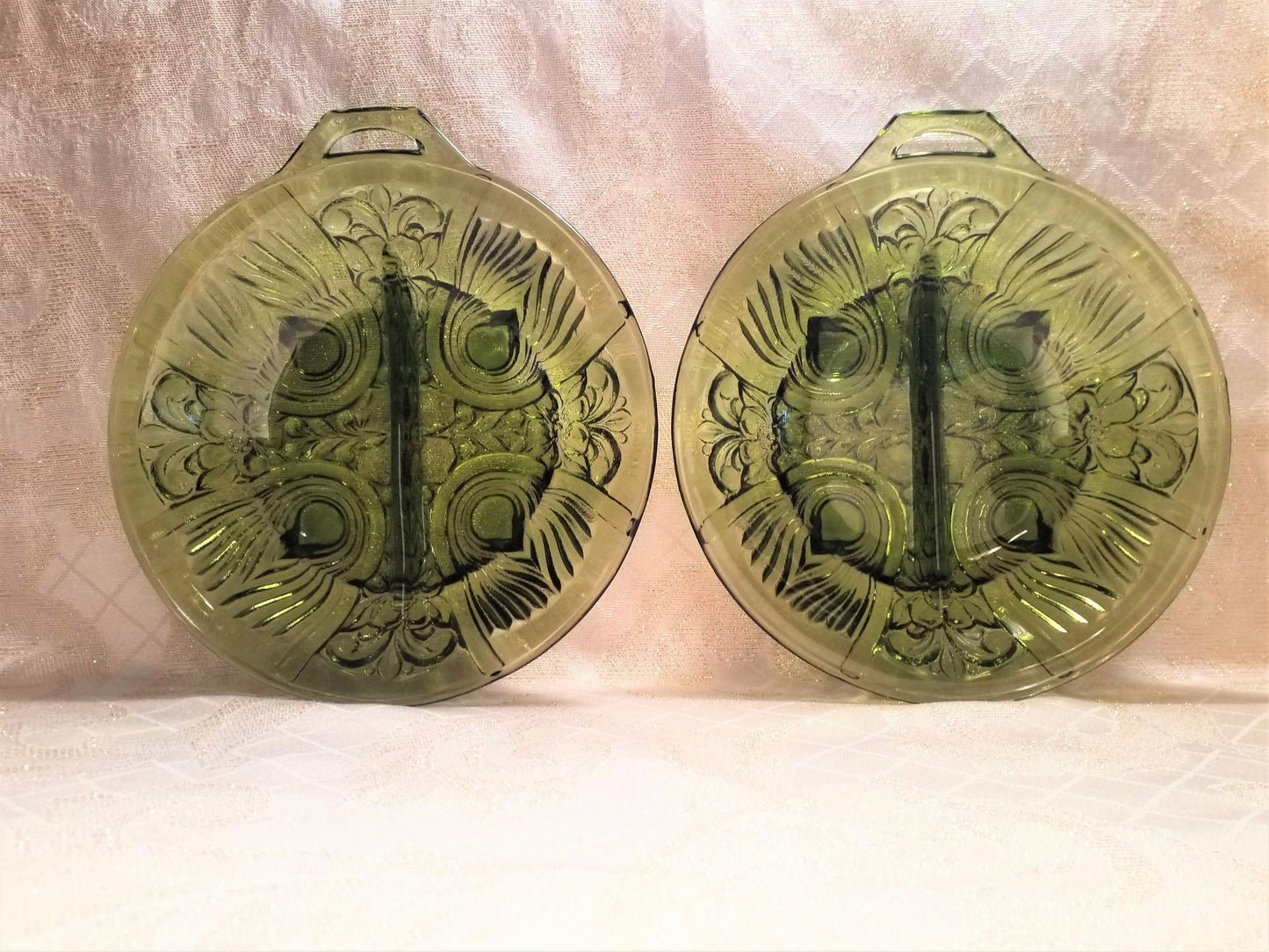 Avocado Green Glass Relish Dishes Set, Detailed Design Serving Dishes