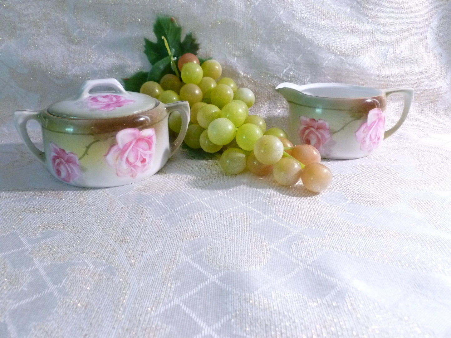 Prussia R&S Porcelain Creamer and Sugar Bowl Set, Hand Painted Pink Roses