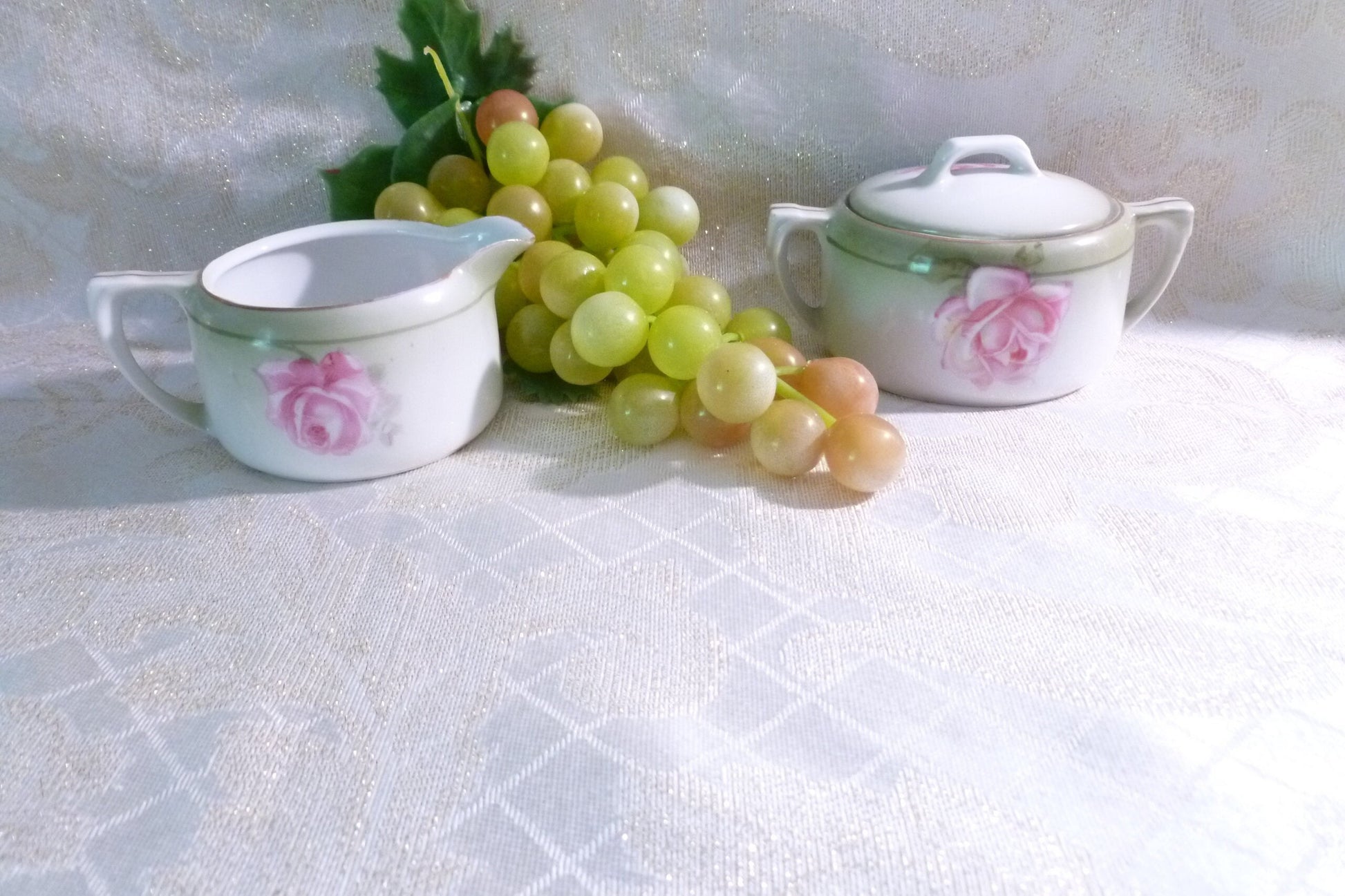 Prussia R&S Porcelain Creamer and Sugar Bowl Set, Hand Painted Pink Roses