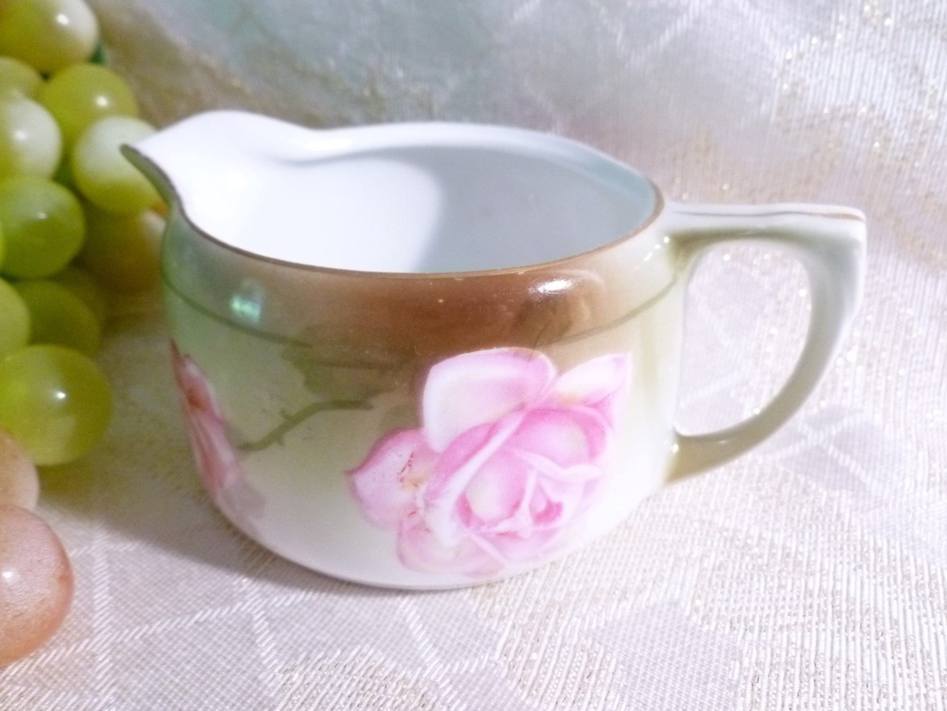 Prussia R&S Porcelain Creamer and Sugar Bowl Set, Hand Painted Pink Roses