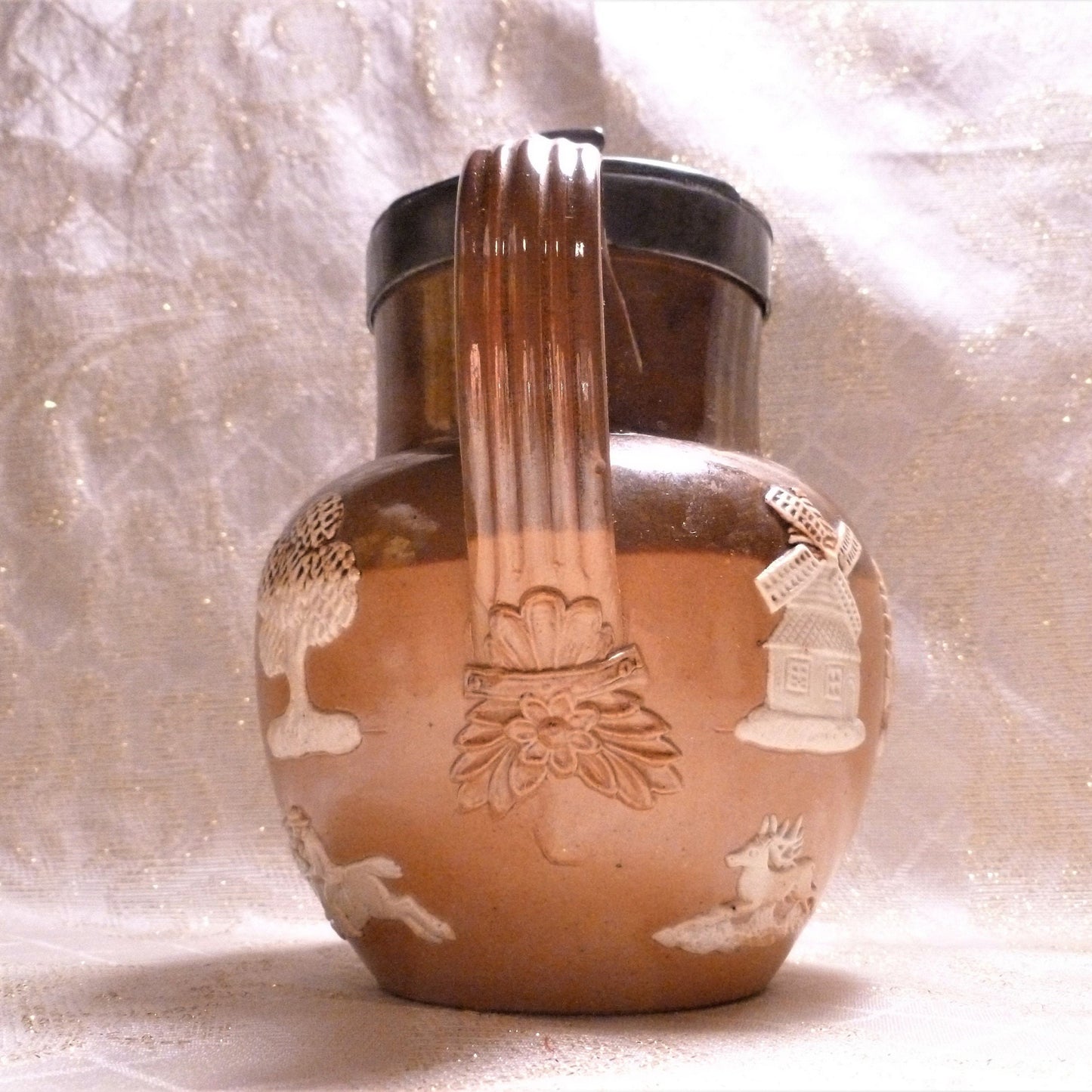 Antique Royal Doulton Pitcher, Lambeth Two Toned Relief, Pewter Lid