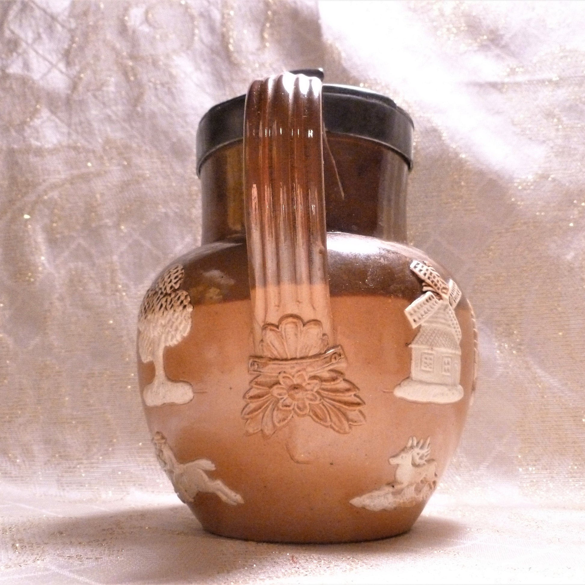 Antique Royal Doulton Pitcher, Lambeth Two Toned Relief, Pewter Lid