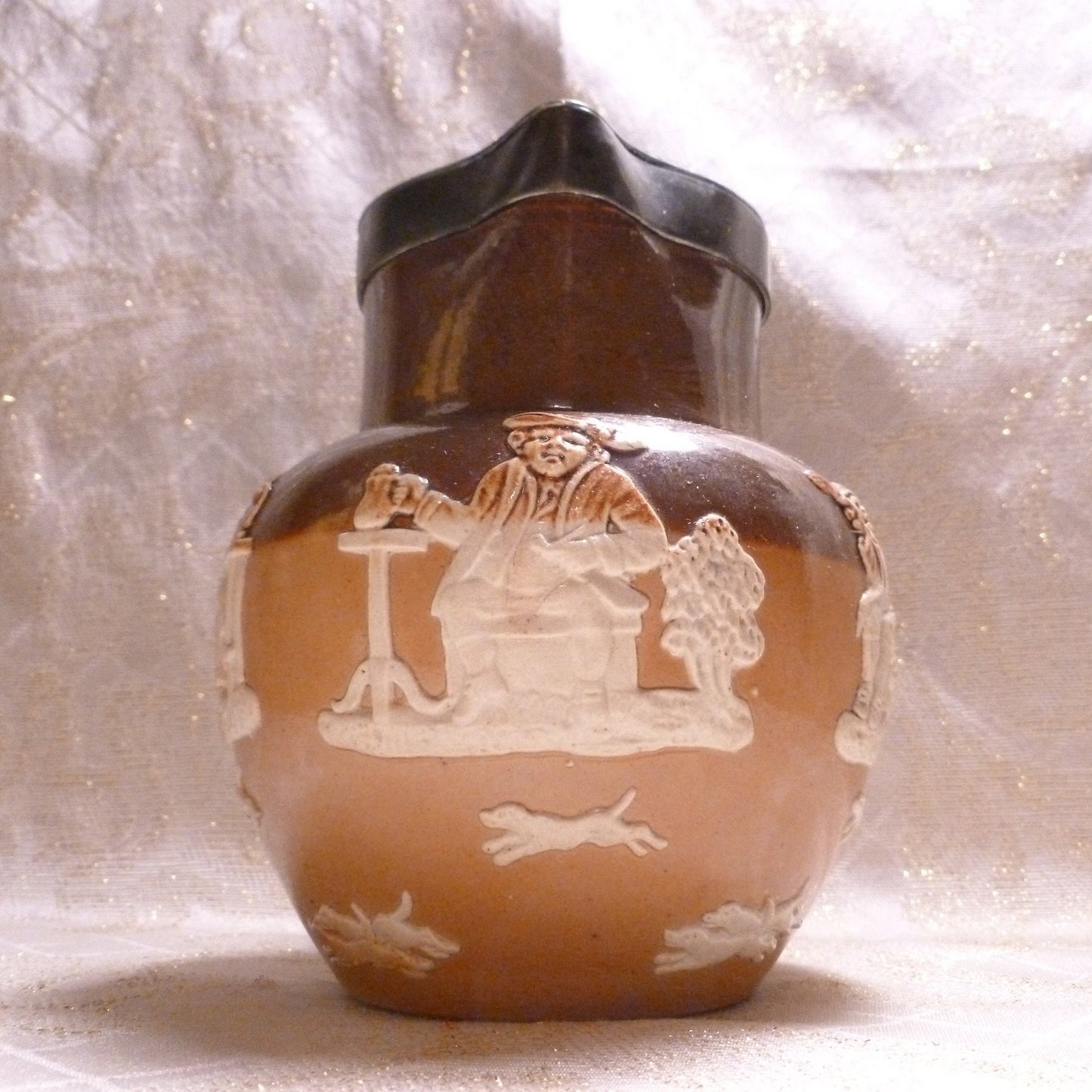 Antique Royal Doulton Pitcher, Lambeth Two Toned Relief, Pewter Lid