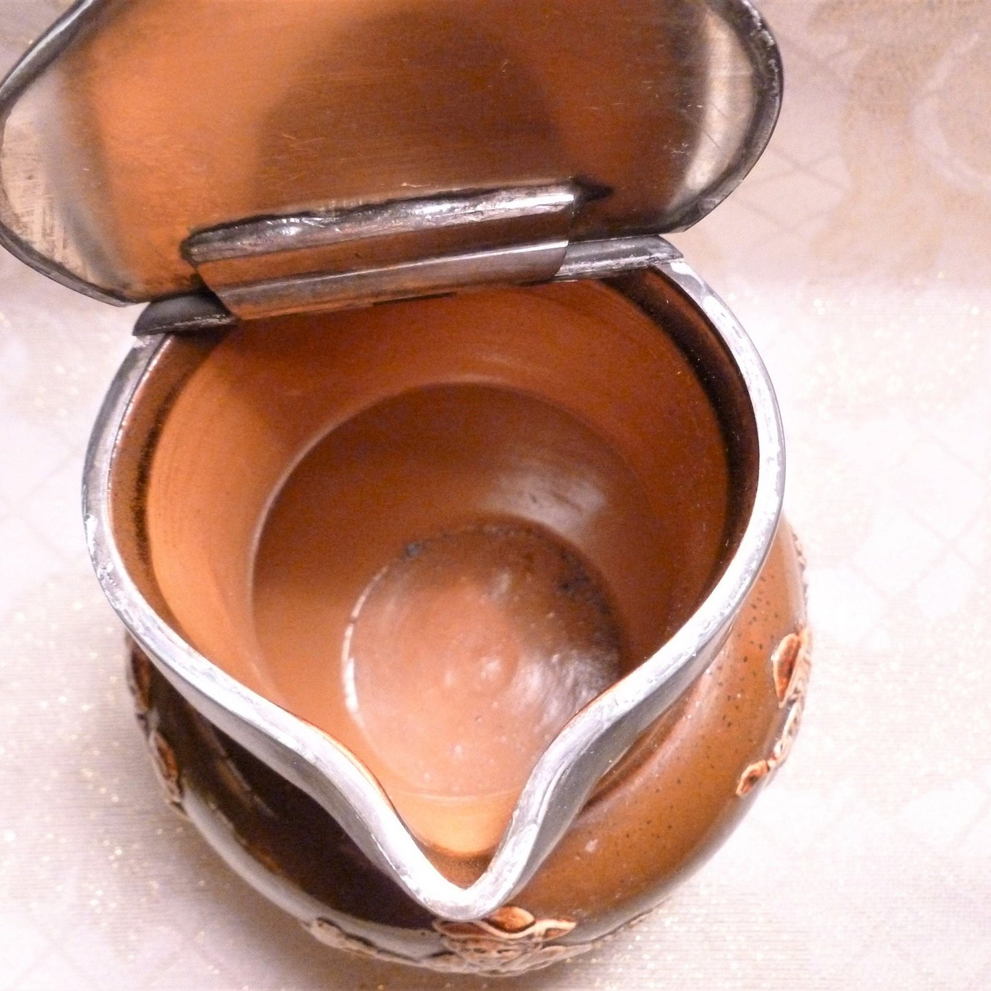 Antique Royal Doulton Pitcher, Lambeth Two Toned Relief, Pewter Lid