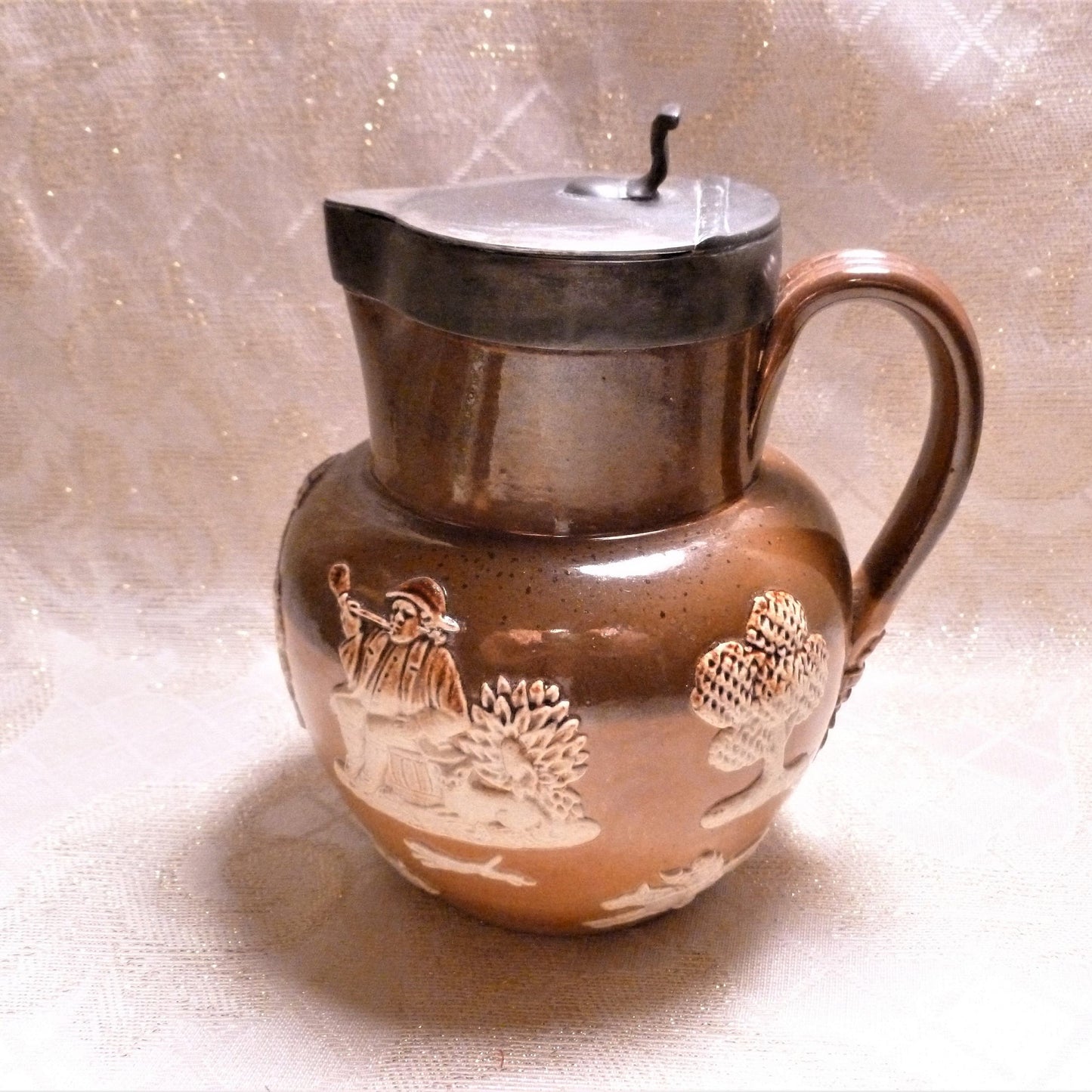 Antique Royal Doulton Pitcher, Lambeth Two Toned Relief, Pewter Lid