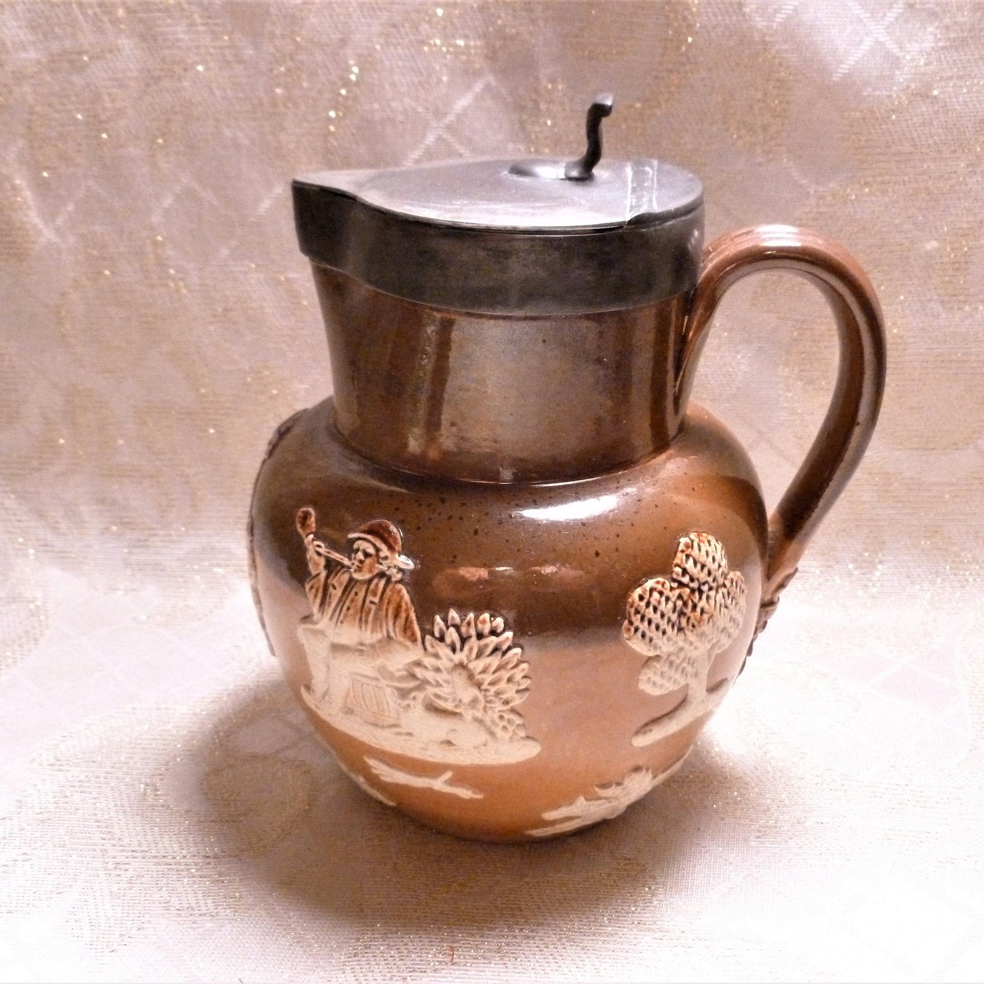 Antique Royal Doulton Pitcher, Lambeth Two Toned Relief, Pewter Lid