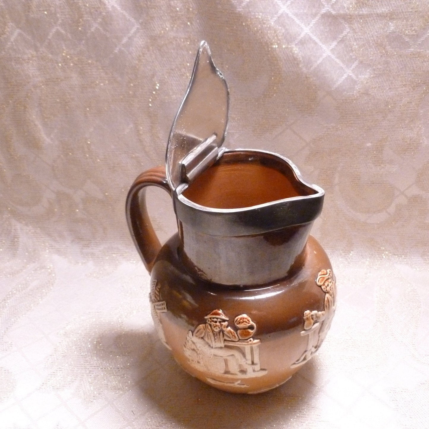 Antique Royal Doulton Pitcher, Lambeth Two Toned Relief, Pewter Lid