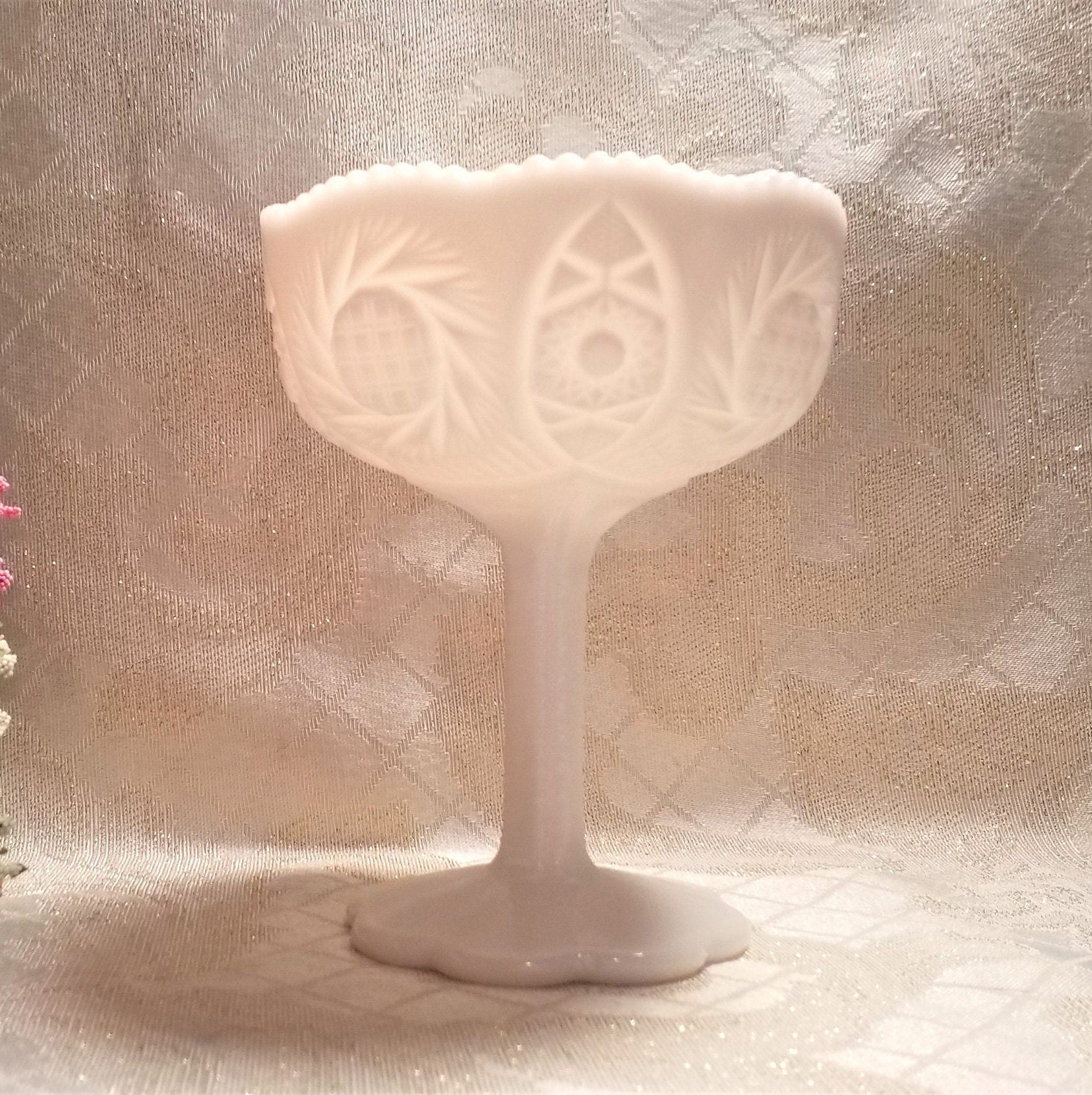 Vintage Milk Glass Compote: Cut Designs, Sawtooth Edge Always FREE Domestic SHIPPING