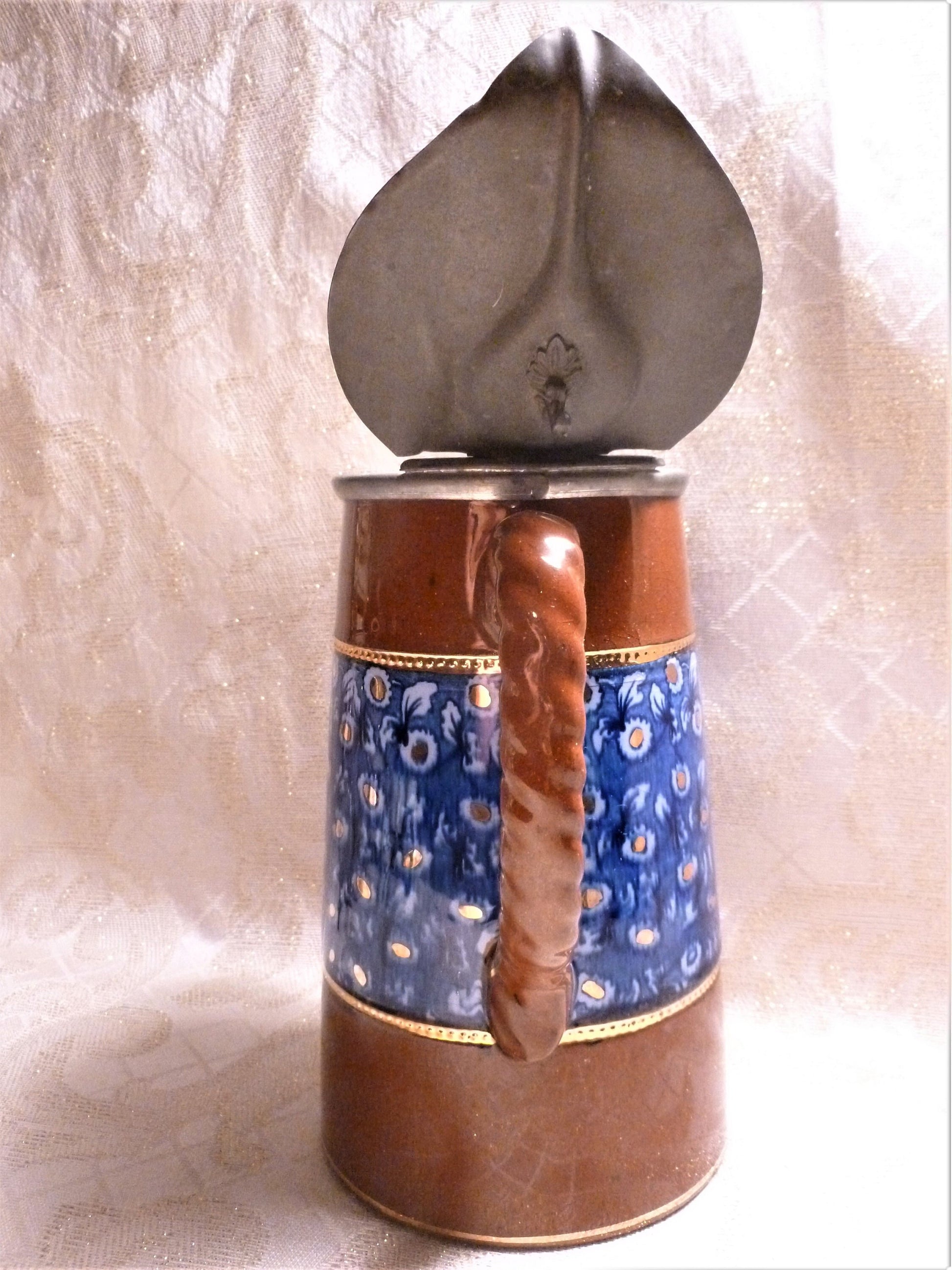 Antique Jackfield Majolica Pitcher, Pewter Lid, Blue Floral, Staffordshire England
