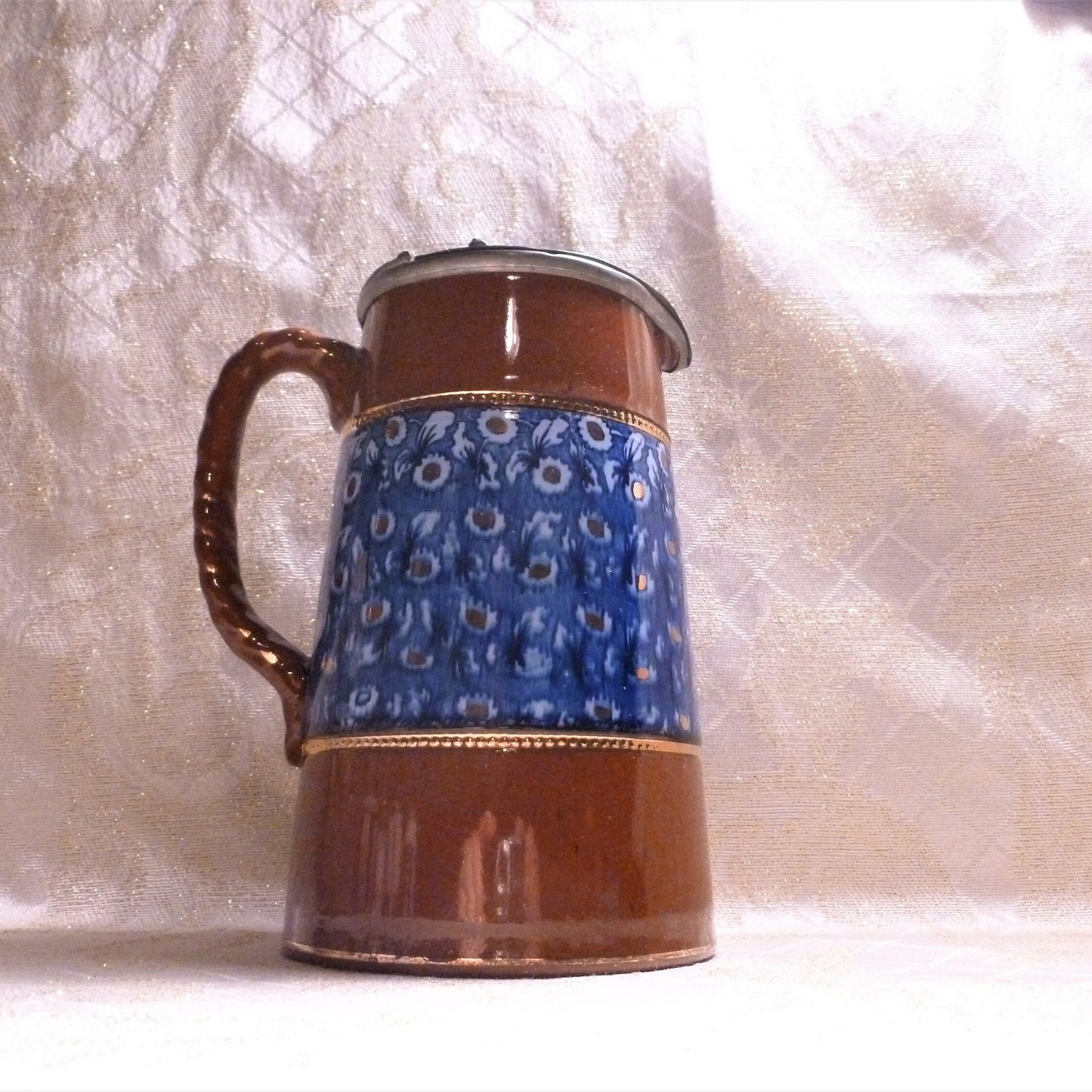 Antique Jackfield Majolica Pitcher, Pewter Lid, Blue Floral, Staffordshire England