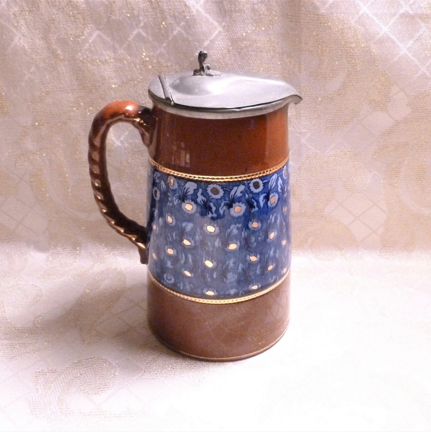 Antique Jackfield Majolica Pitcher, Pewter Lid, Blue Floral, Staffordshire England