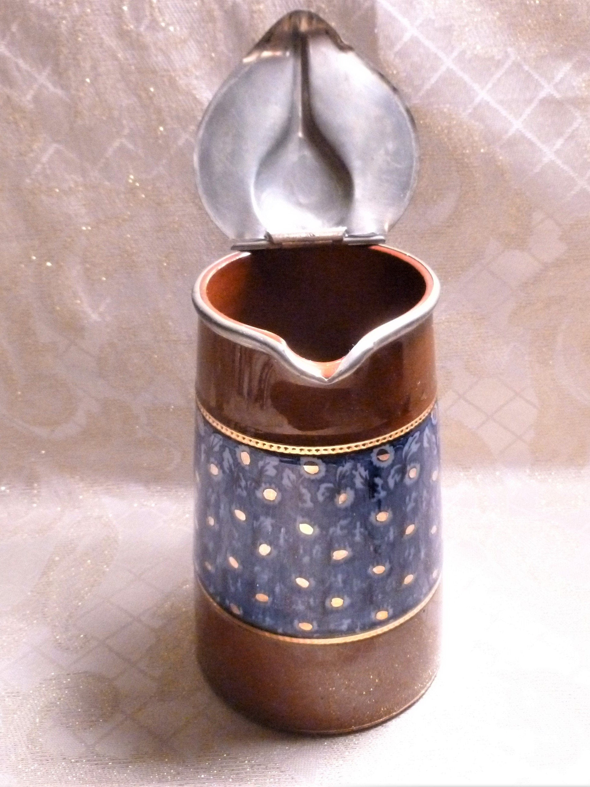 Antique Jackfield Majolica Pitcher, Pewter Lid, Blue Floral, Staffordshire England