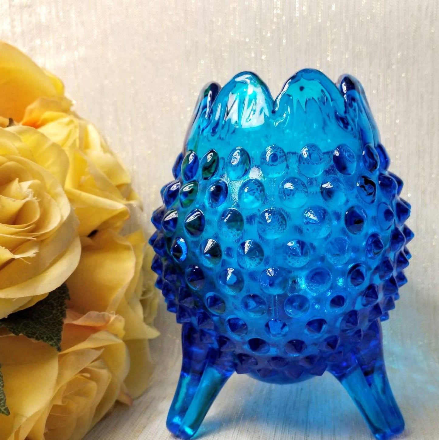 Vintage Fenton Blue Hobnail Footed Bud Vase, Floral Display