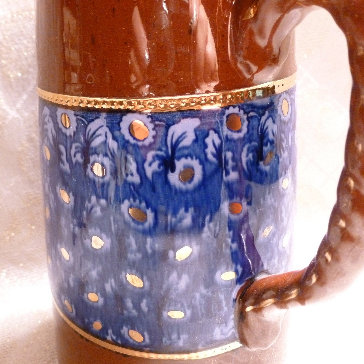 Antique Jackfield Majolica Pitcher, Pewter Lid, Blue Floral, Staffordshire England