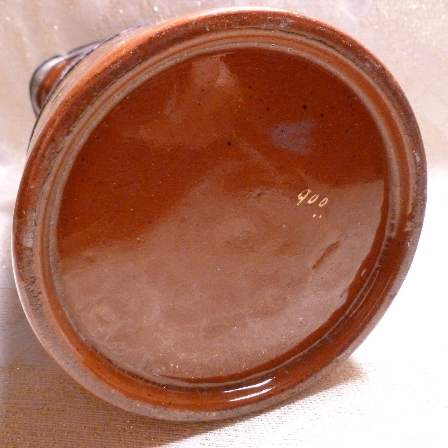 Antique Jackfield Majolica Pitcher, Pewter Lid, Blue Floral, Staffordshire England